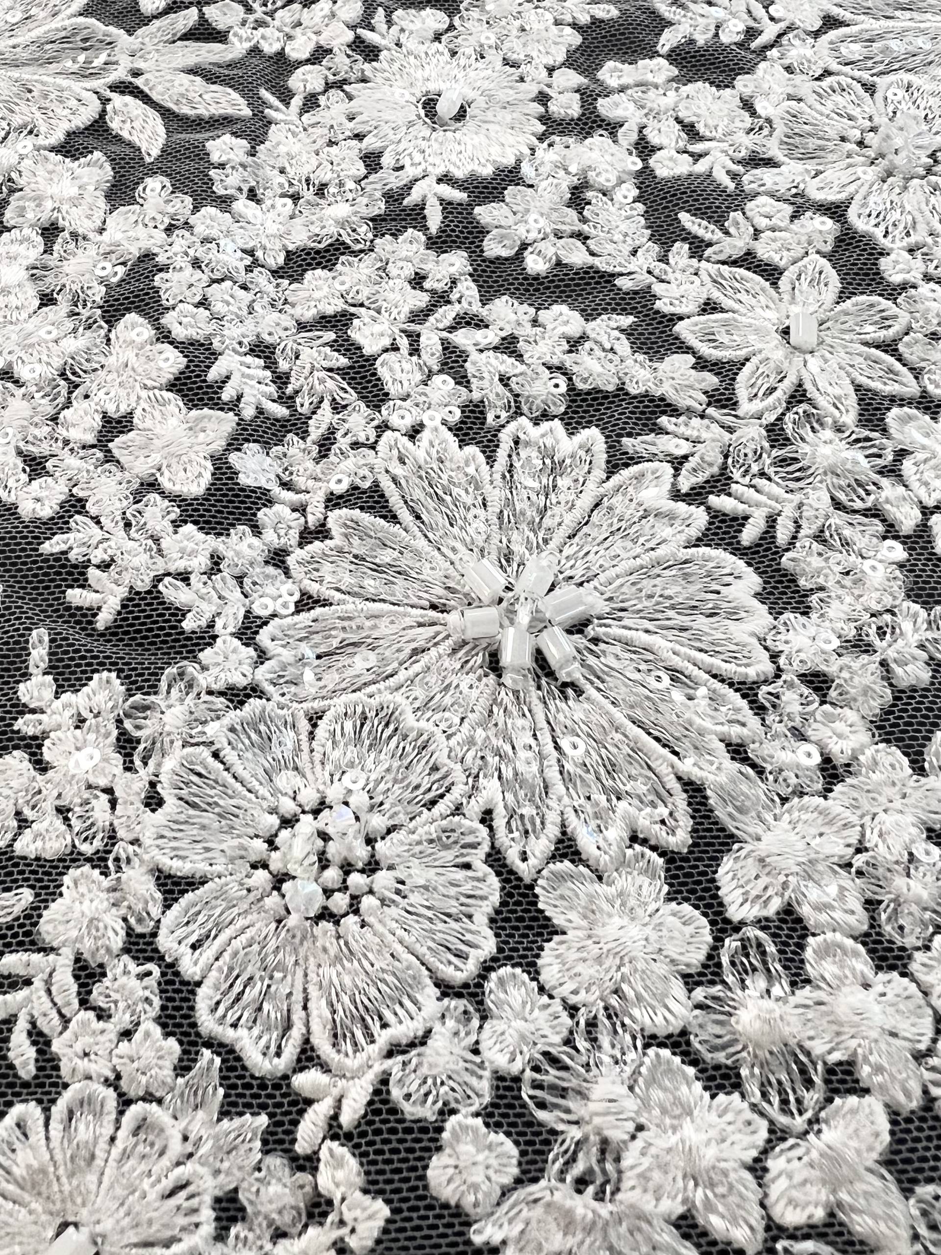 Embroidered Tulle with Micro Clear Sequin Oblong Beads and Crystal in Off White