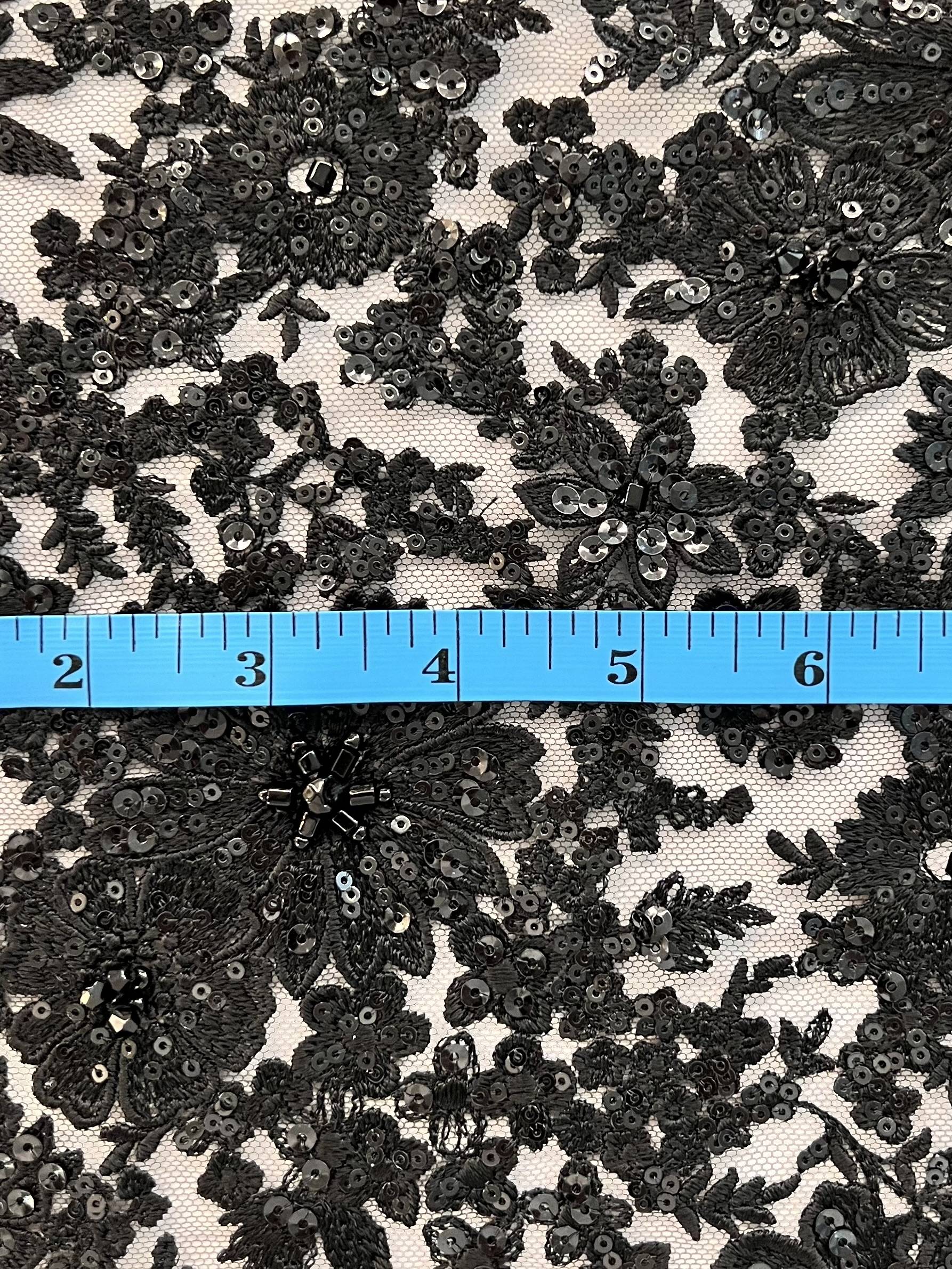 Embroidered Tulle with Micro Clear Sequin Oblong Beads and Crystal in Black