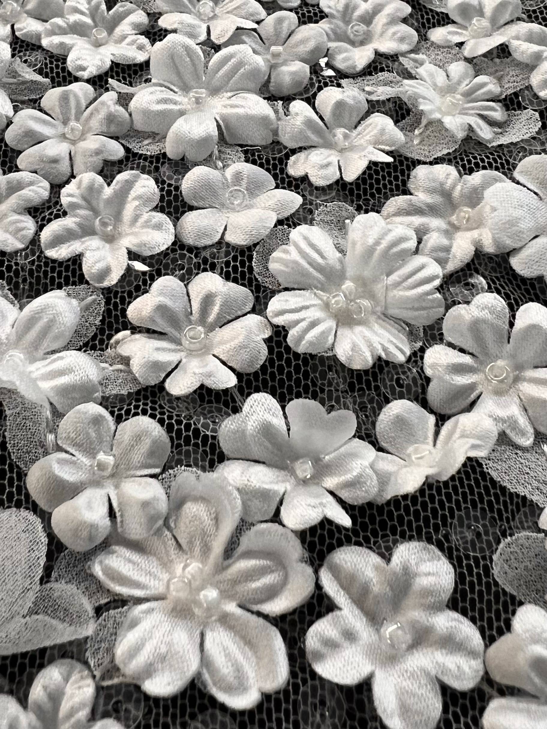 3D Appliqué Flowers and Sequins on Tulle in White