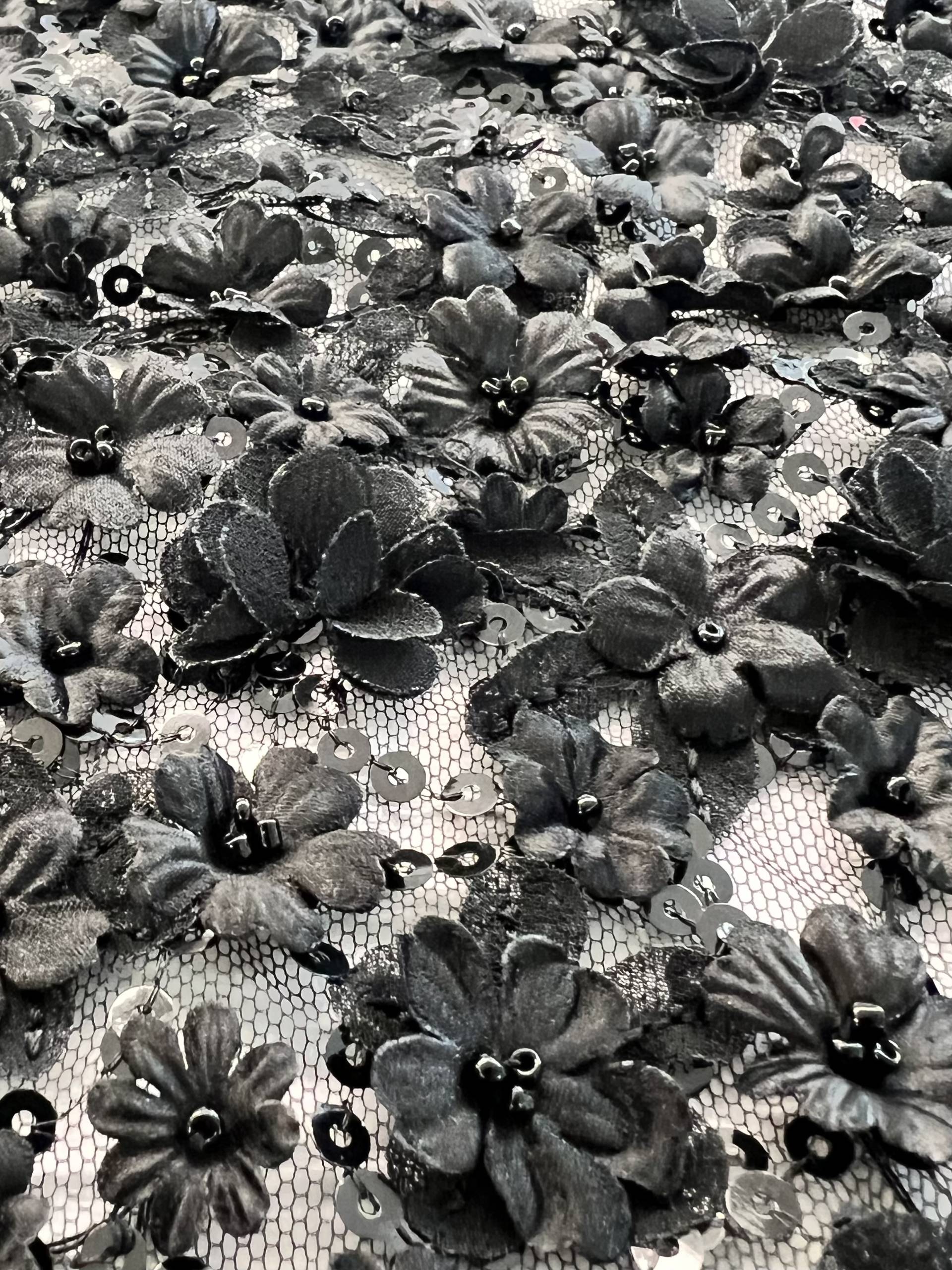 3D Appliqué Flowers and Sequins on Tulle in Black