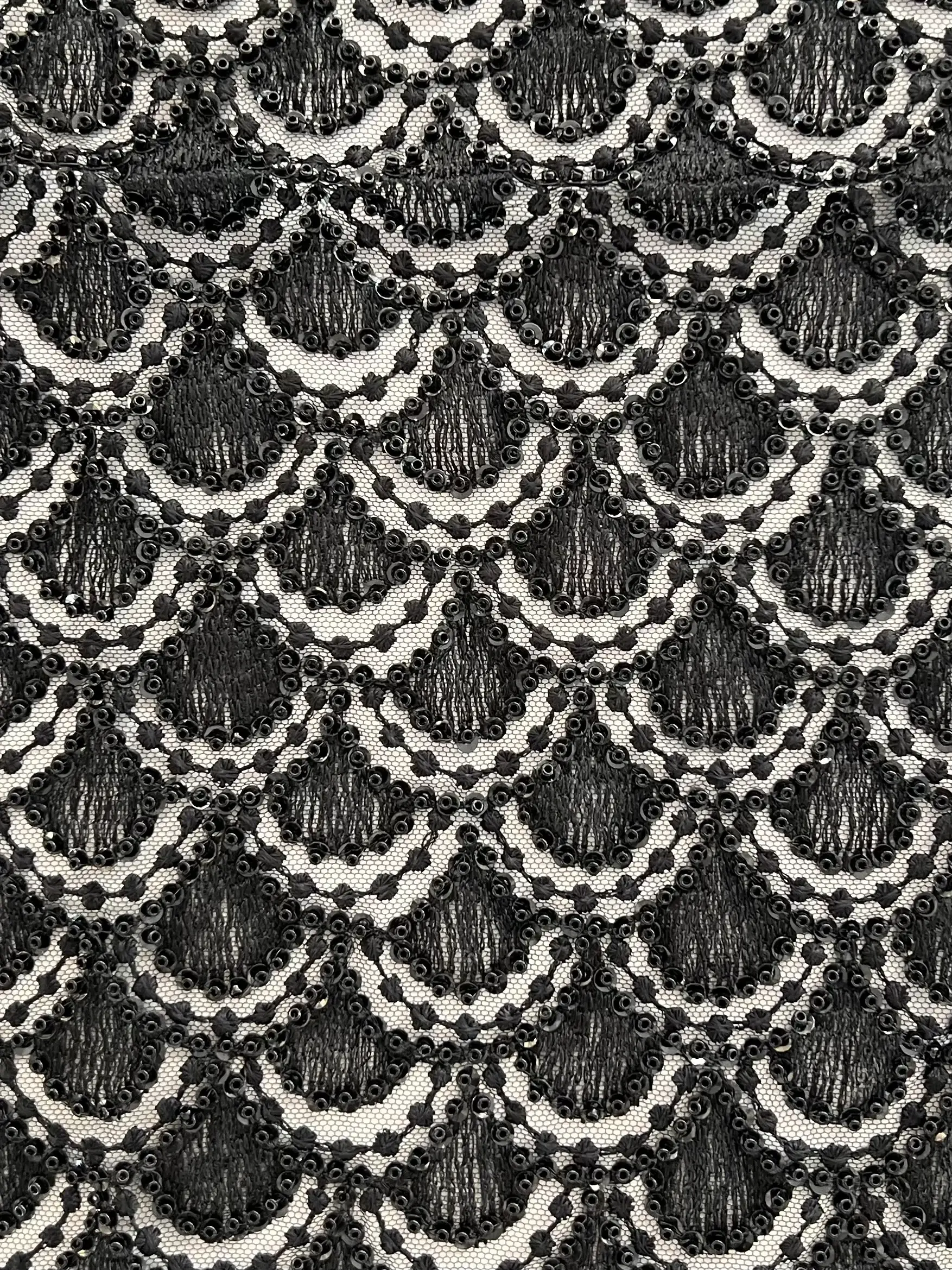 Embroidered Tulle with Sequins And Beads in Fish Scale Motif Black on Black