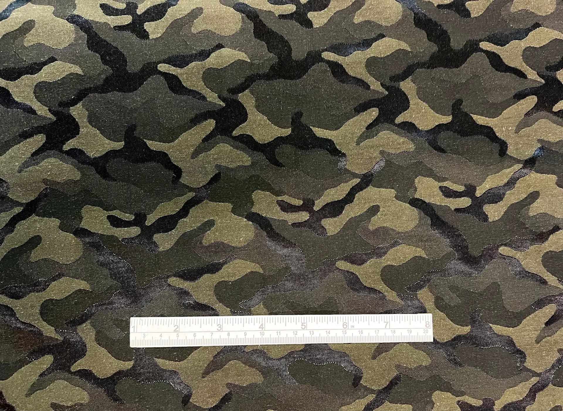Cotton and Viscose Camouflage Damask in Dark Olive Green