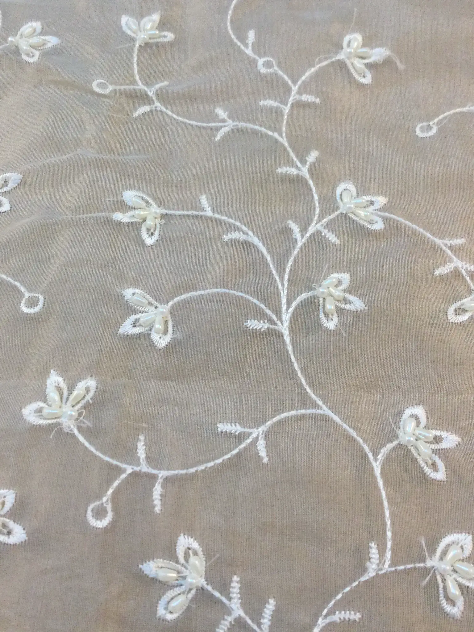 Embroidered Silk Organza w/ Pearls in Off White
