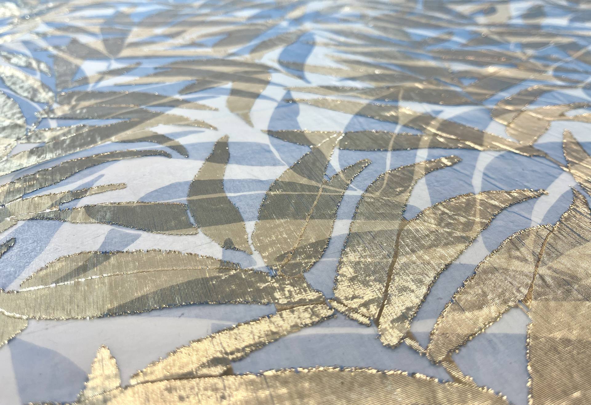Printed Silk/Metallic Fil Coupe in Blue/Gold Leaf Design