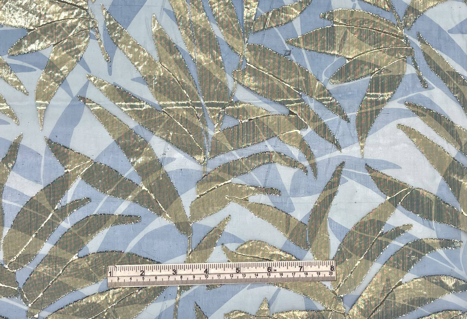 Printed Silk/Metallic Fil Coupe in Blue/Gold Leaf Design