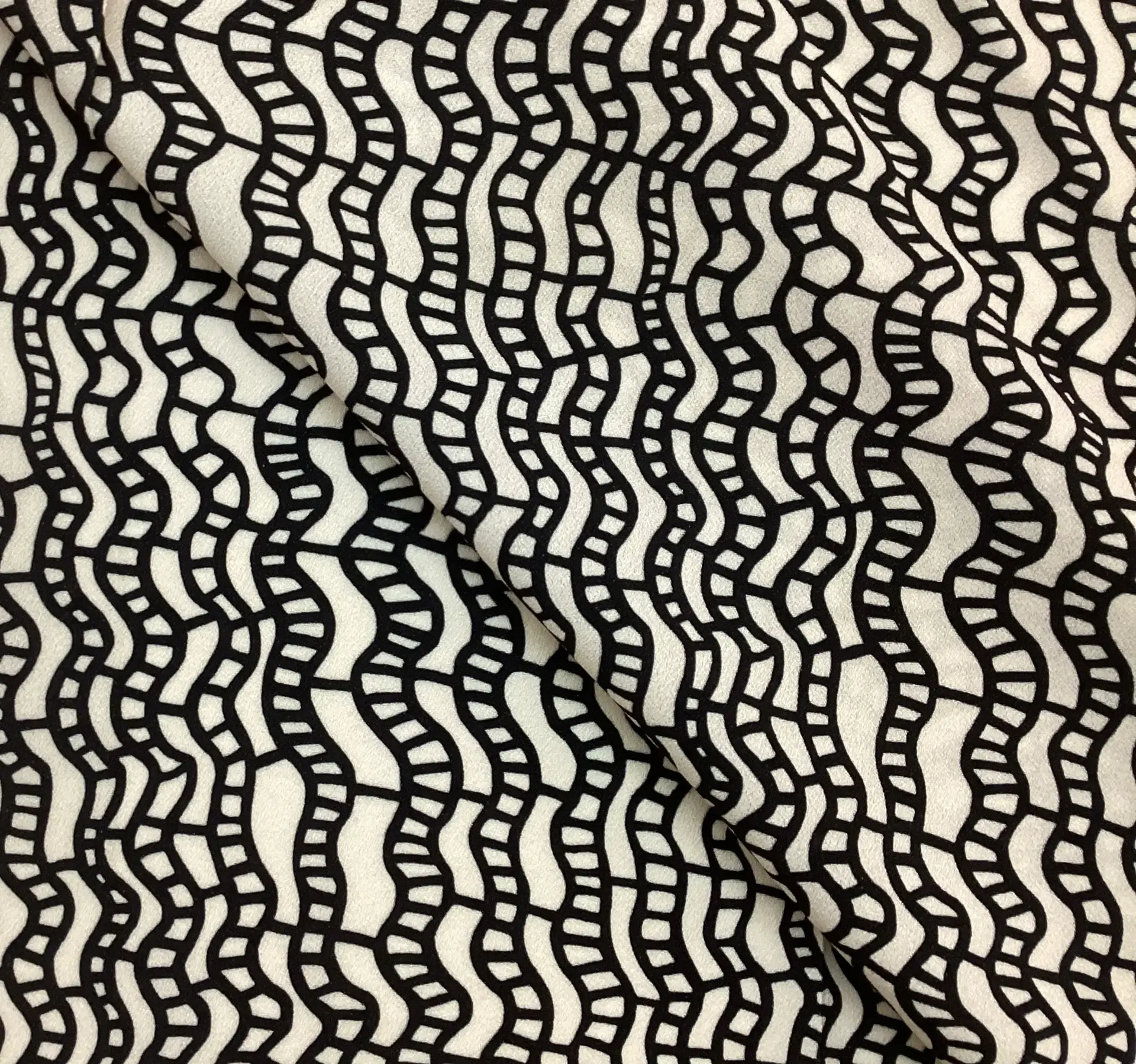 Printed Viscose Crepe Train Track Pattern Inspired In Black & Ivory