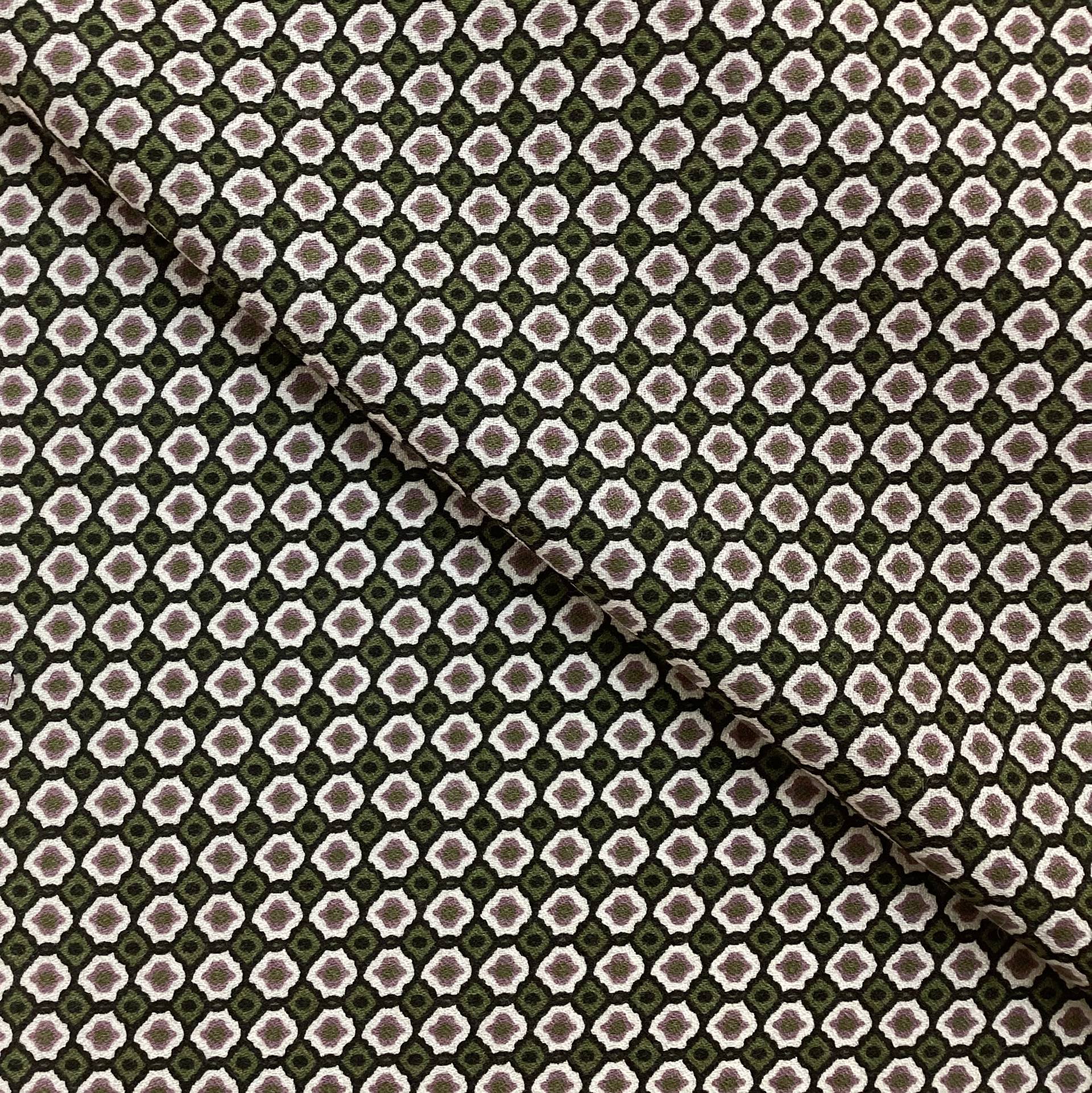 Italian Printed Viscose Challis Crepe Geometric Pattern In Olive Green Ground