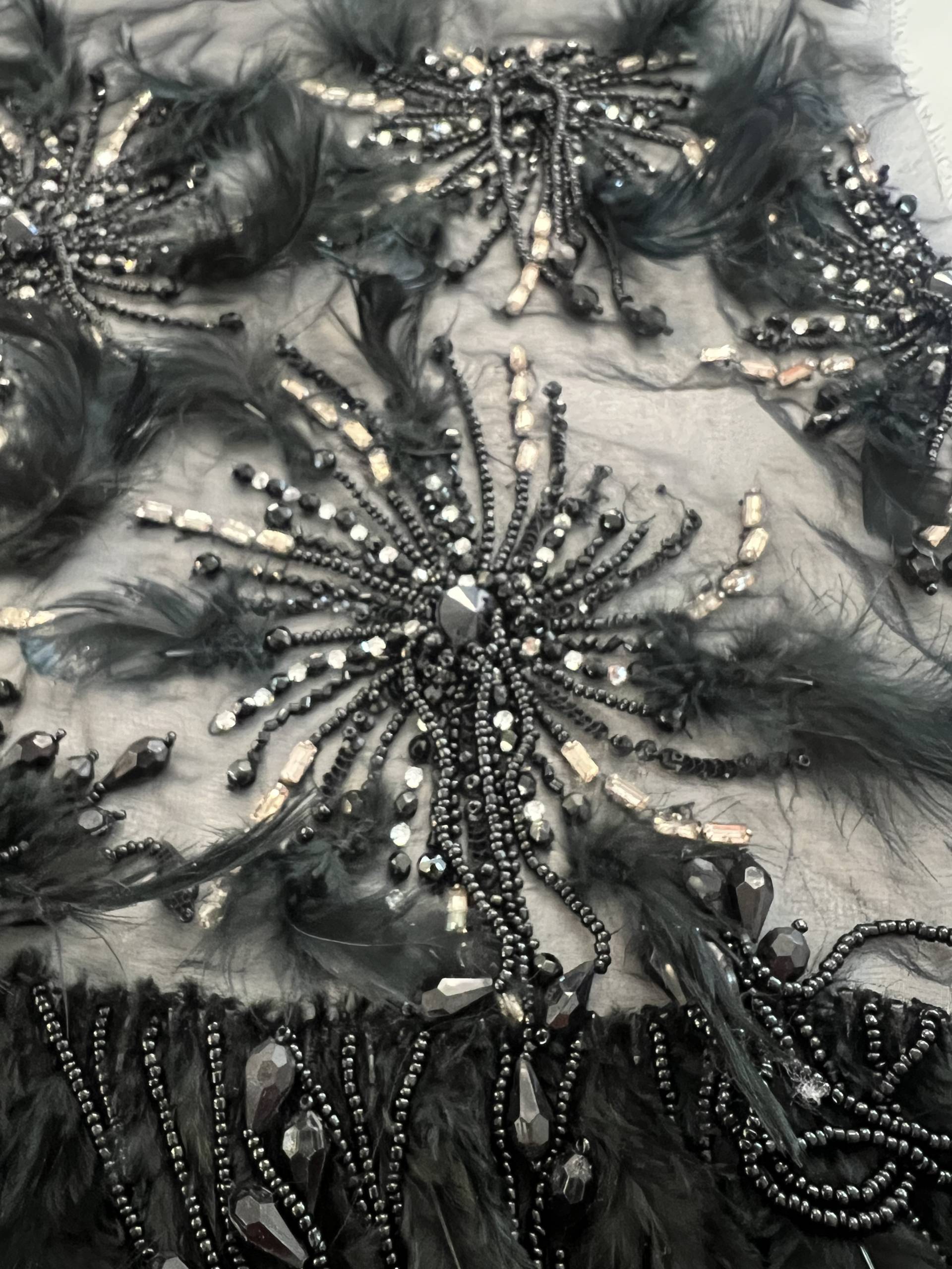 Couture Novelty of Black Silk Chiffon with Crystal, Beads and Feathers