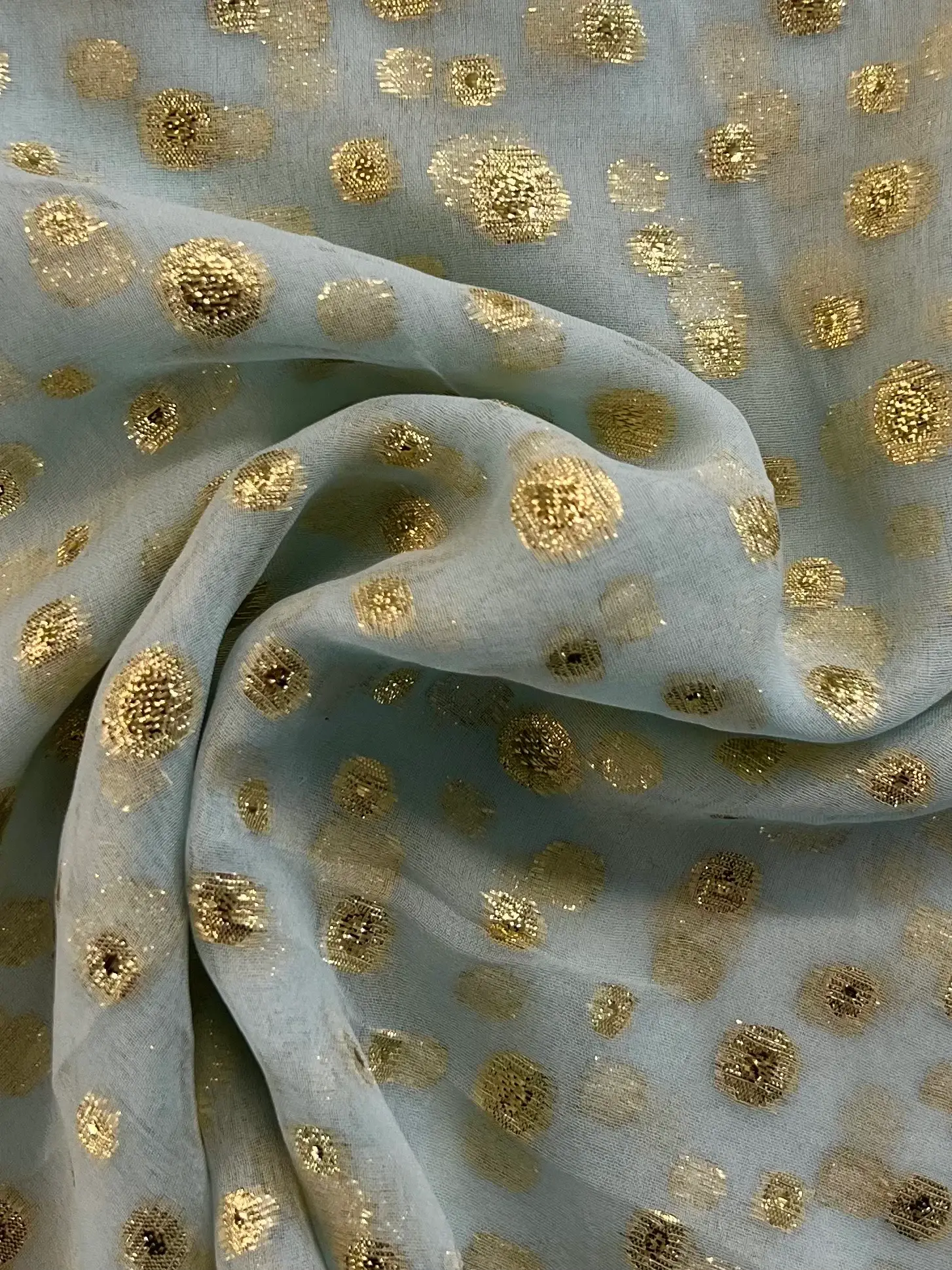 Silk & Lurex Fil Coupé Chiffon in IceBlue with Gold Dot