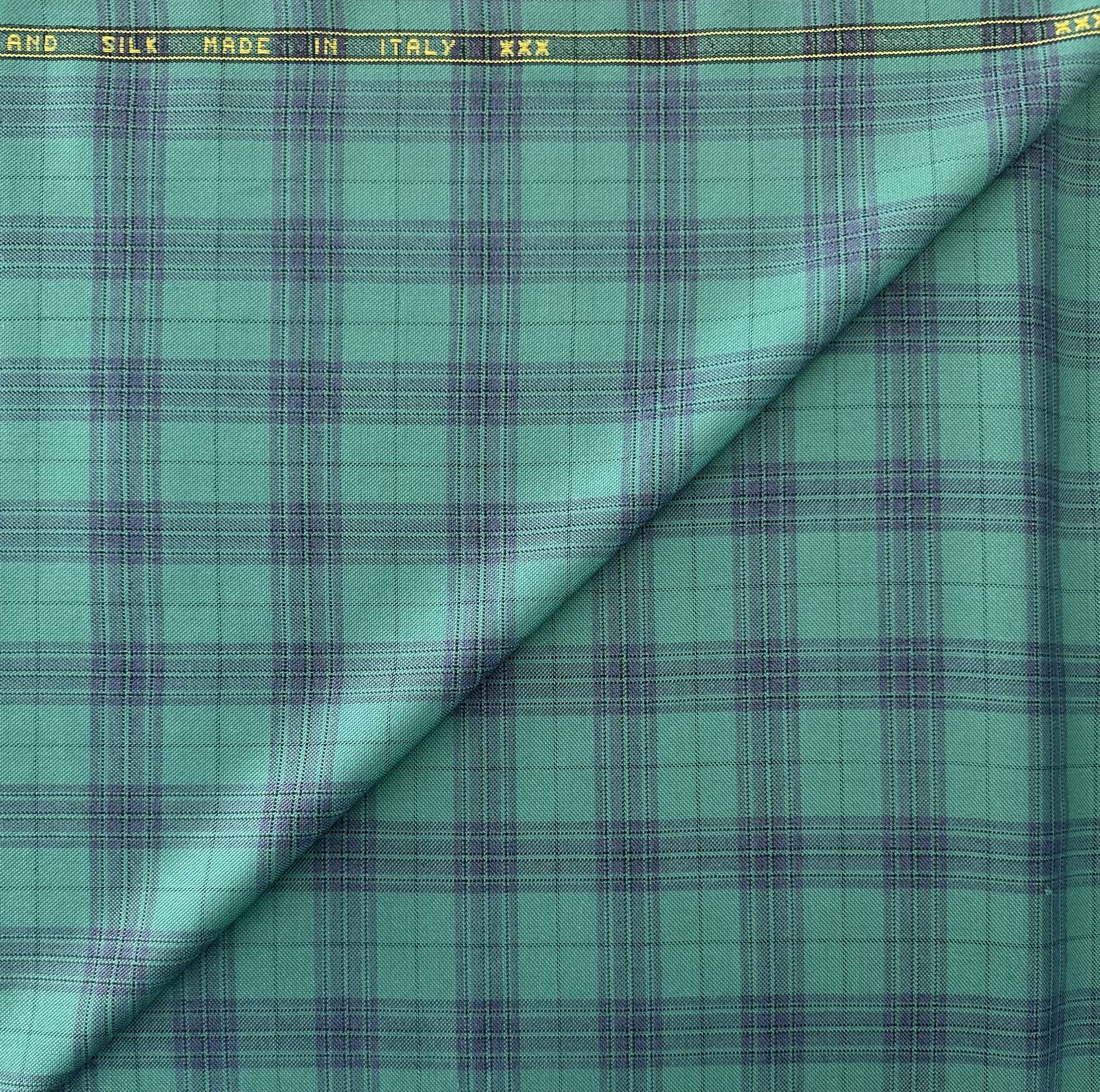 Italian Superfine Wool and Silk Plaid Jacketing in Emerald Indigo
