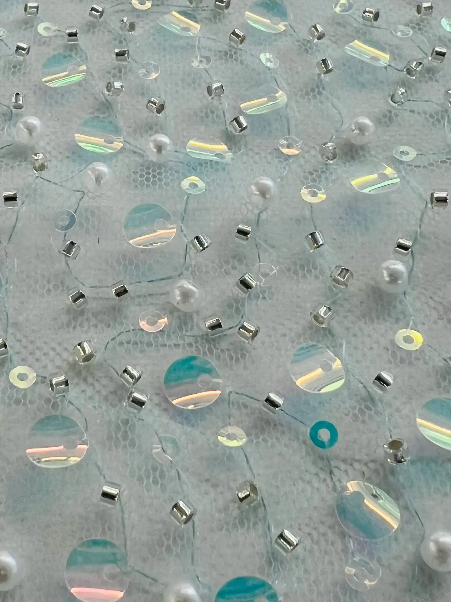 Opalescent Sequined Beaded Tulle in Turquoise