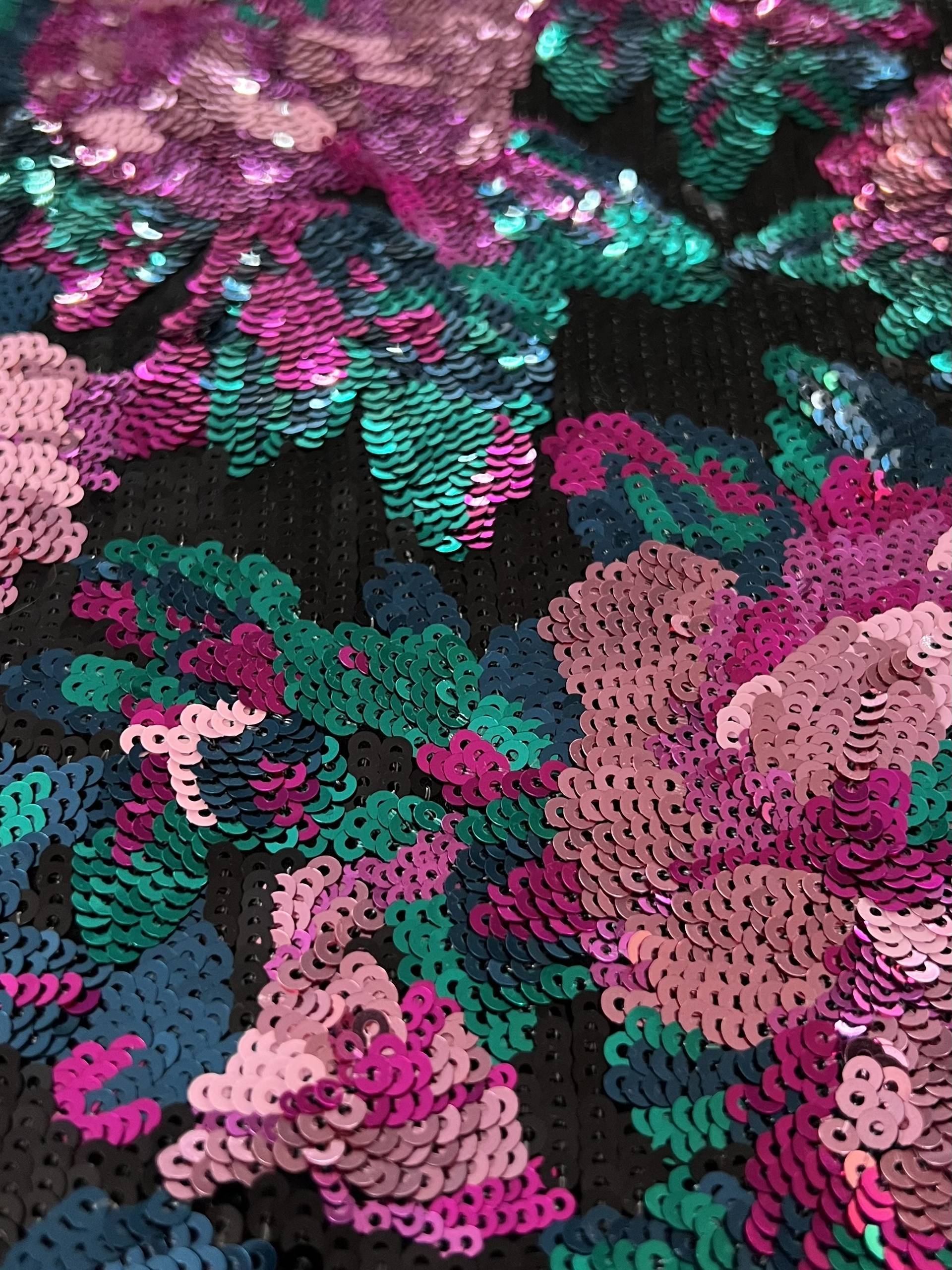 Floral Sequins on Black Polyester Chiffon