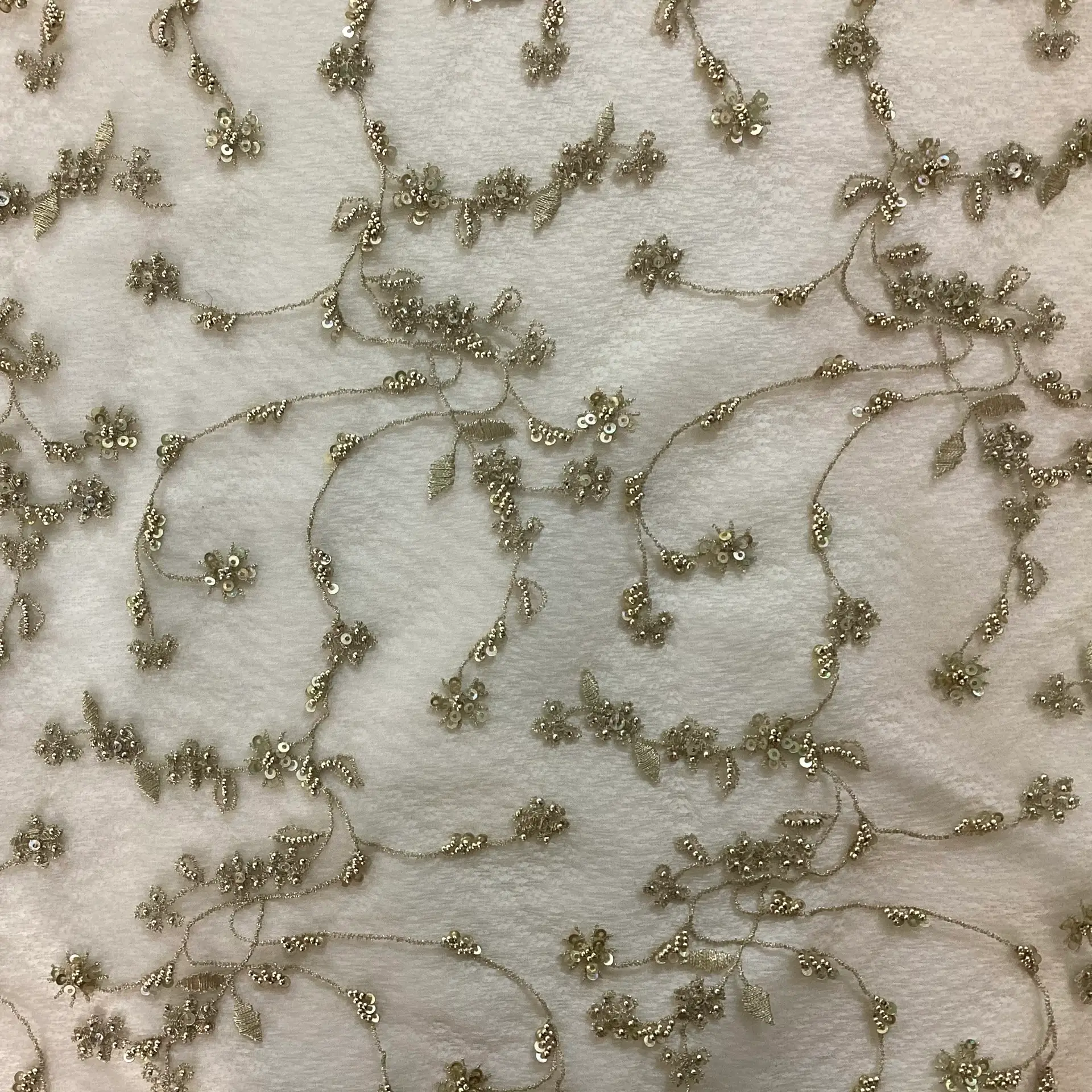 Novelty Beaded Embroidery On Soufflé In Antique Gold