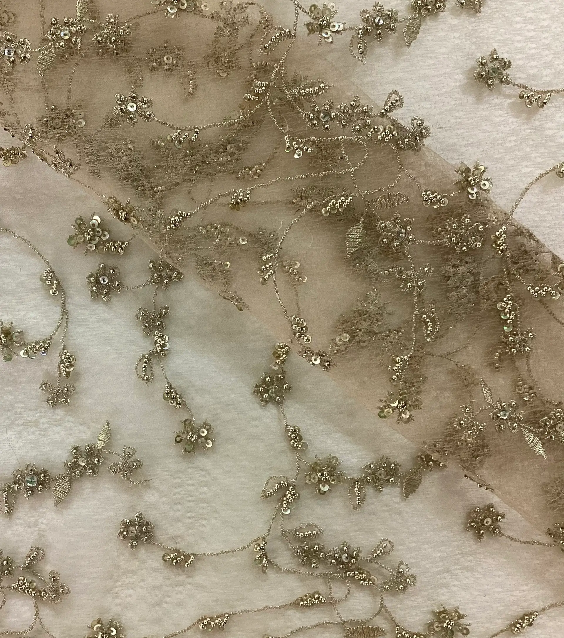 Novelty Beaded Embroidery On Soufflé In Antique Gold