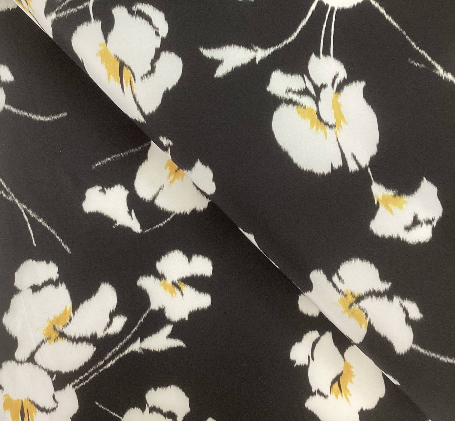 Polyester Warped Printed Floral Taffeta in Black White Yellow