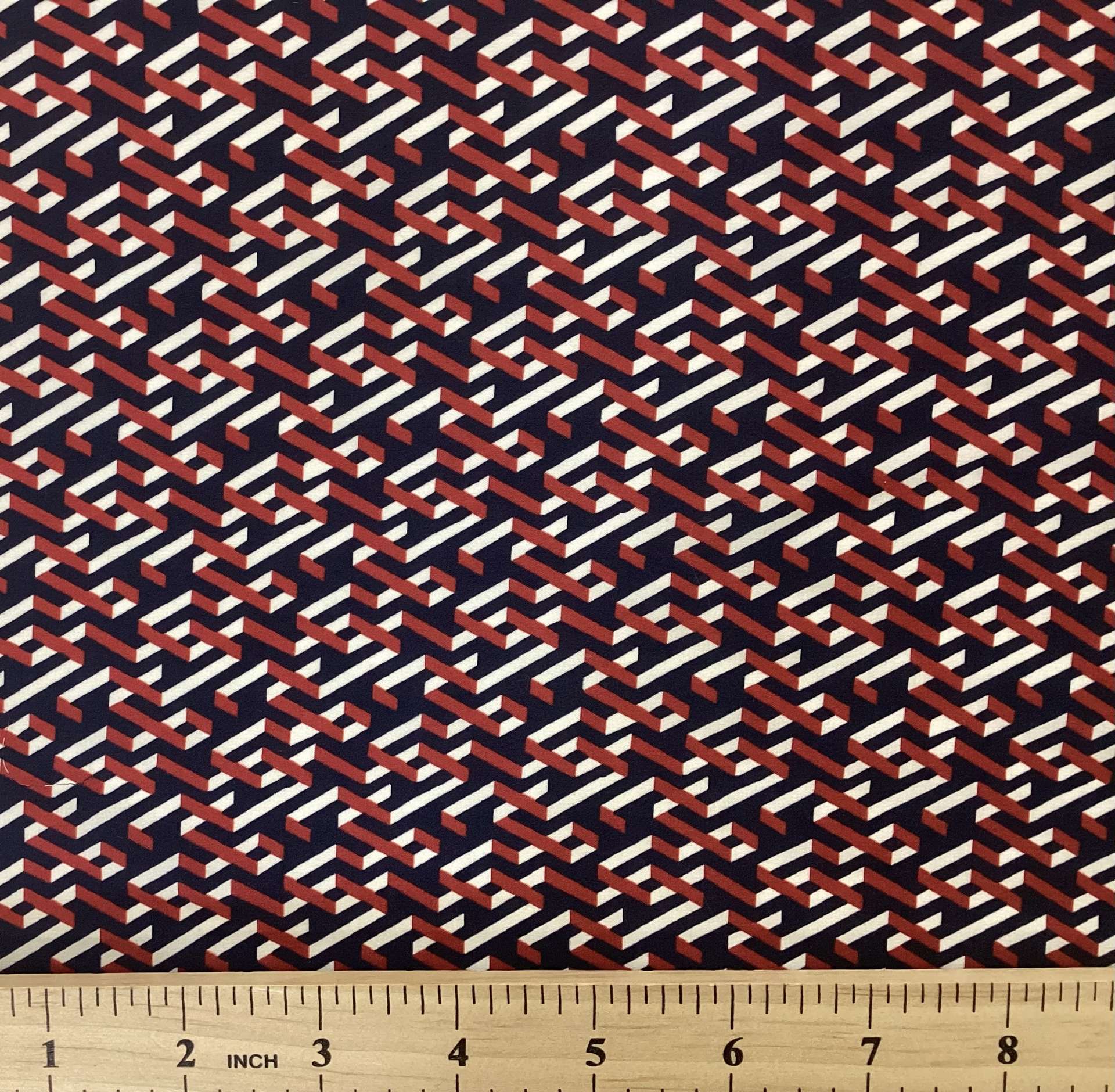 100% Silk Charmeuse Geometric Printed In Red White & Blue