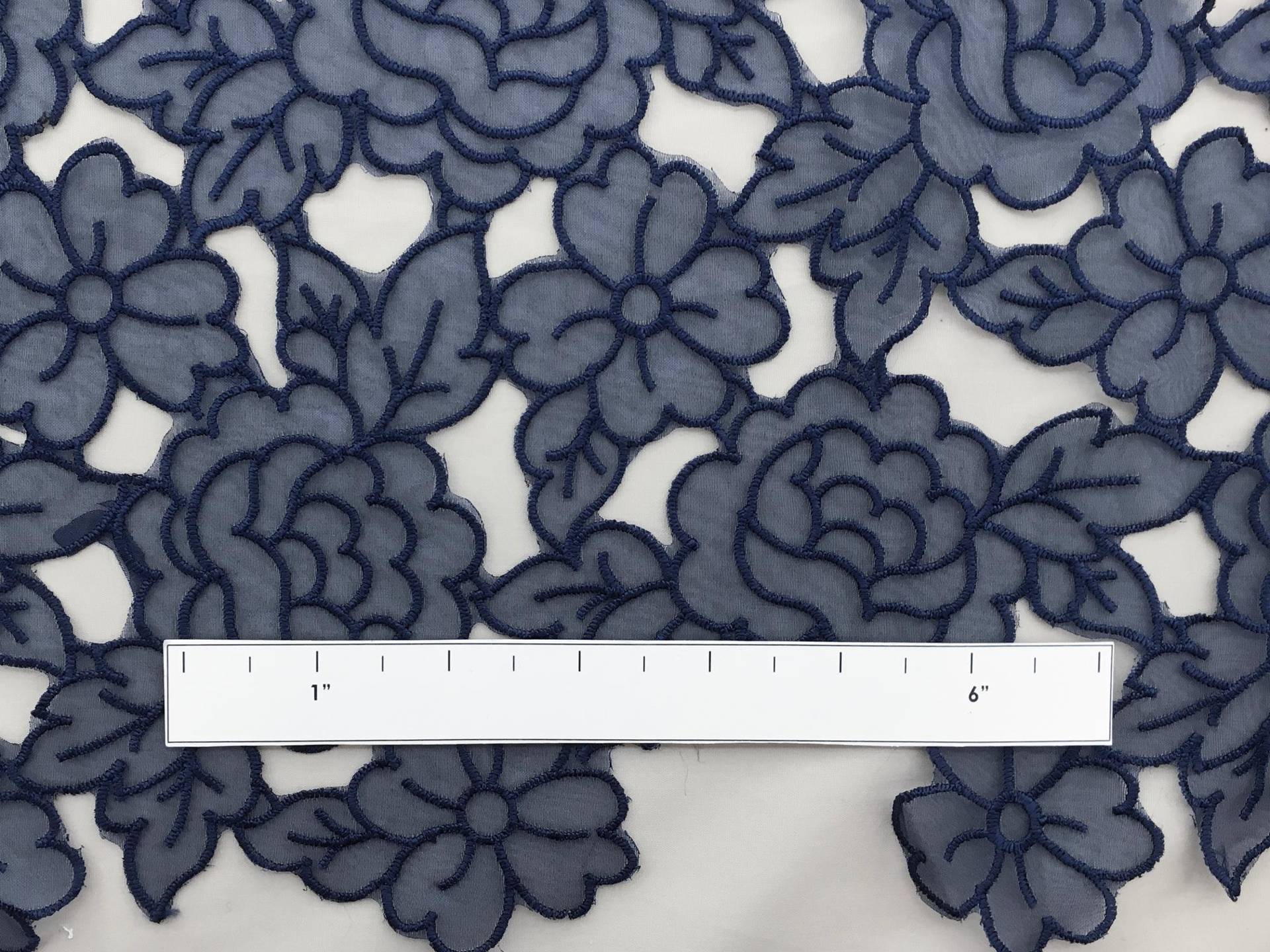 Embroidered Cut Out Polyester Organza with Rose Pattern in Navy1