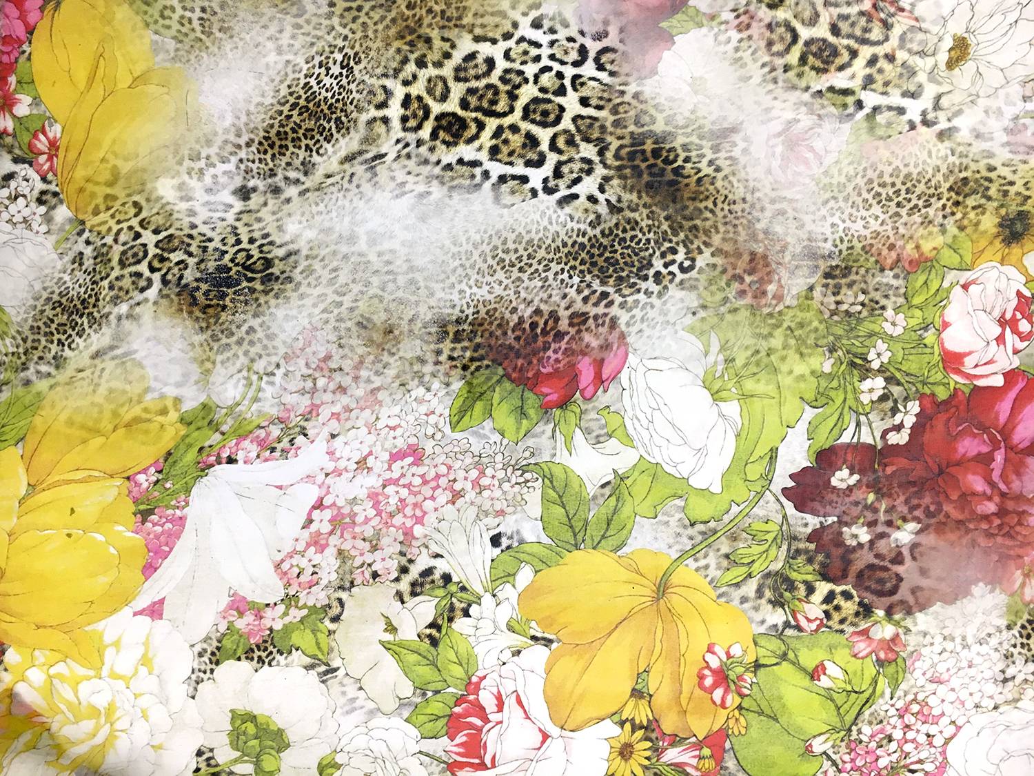 Printed Silk Chiffon with Leopard Print and Flowers0