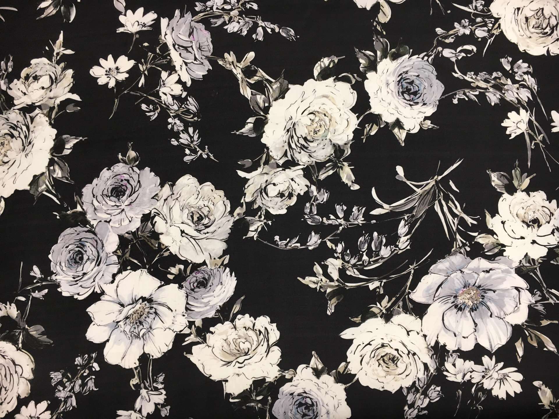 Printed Silk Gazar with Ink Drawn and Watercolor Flowers0