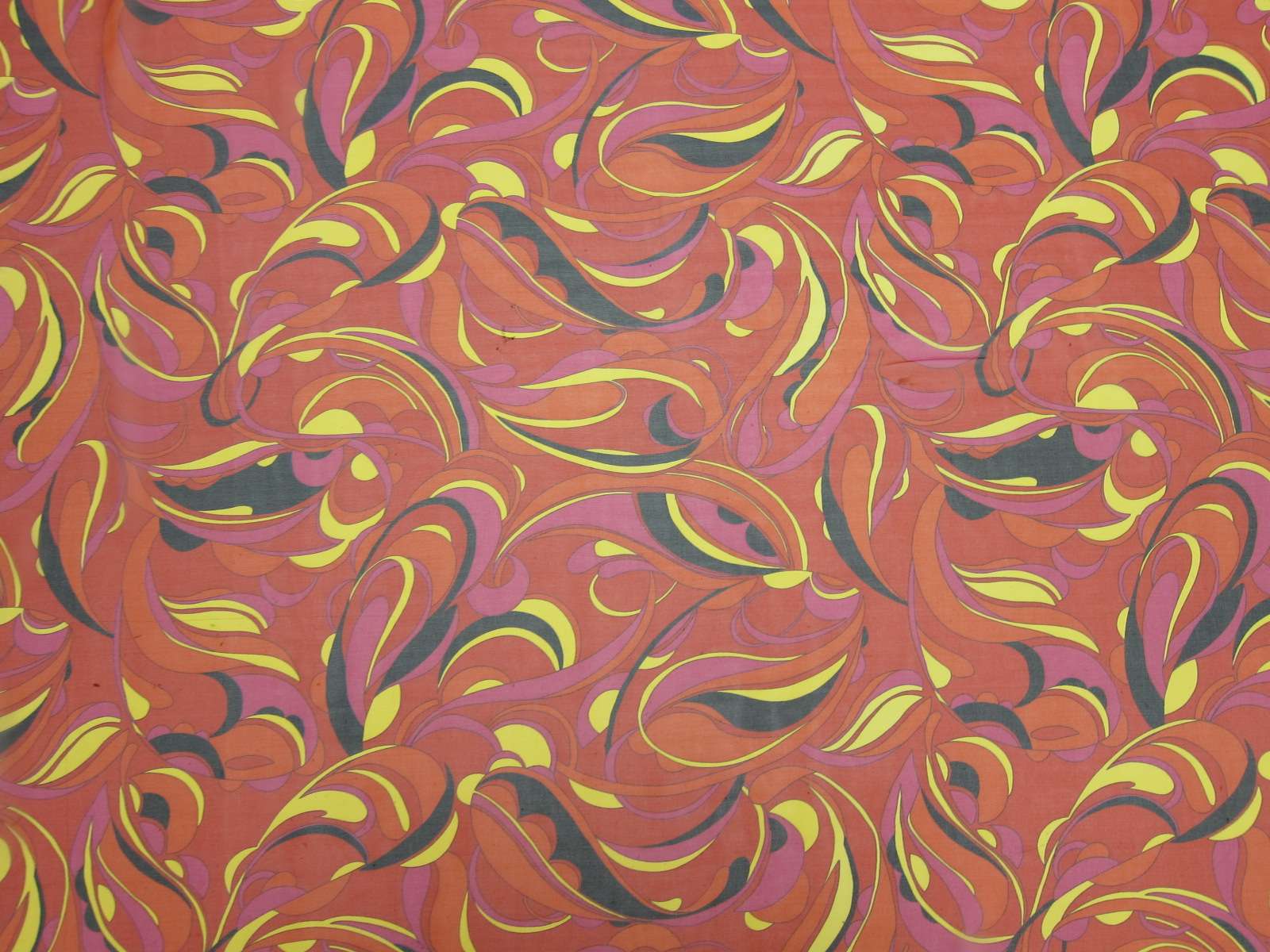 Printed Silk Chiffon Red Orange Yellow Pink Black Paisley On Red Background