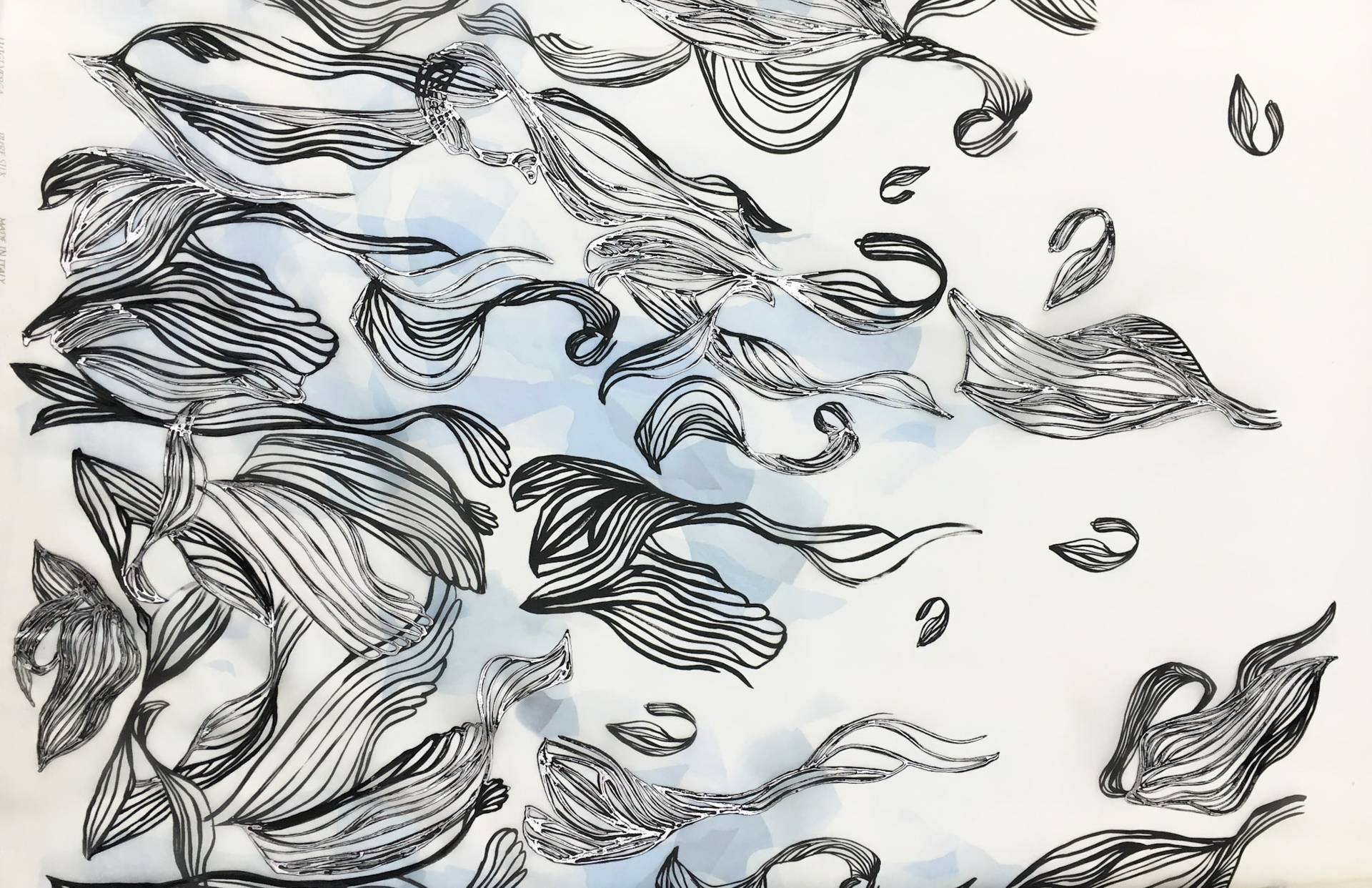 Abstract Leaf Hand Painted Silk Organza with Black Lacquer and Silver Metallic Paint0
