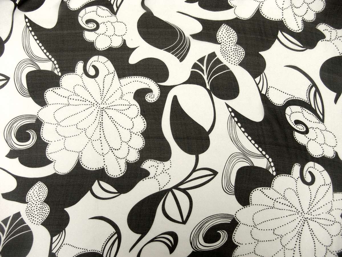 Printed Silk Chiffon Black White Florals On White Background