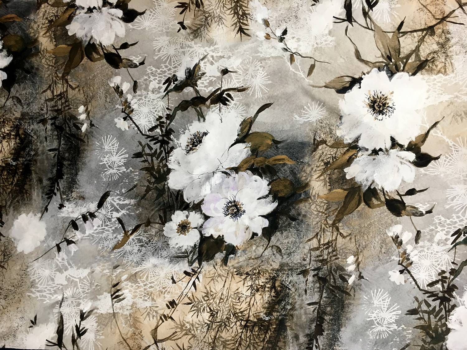 Silk Mikado with Printed Florals and Bamboo Trees0