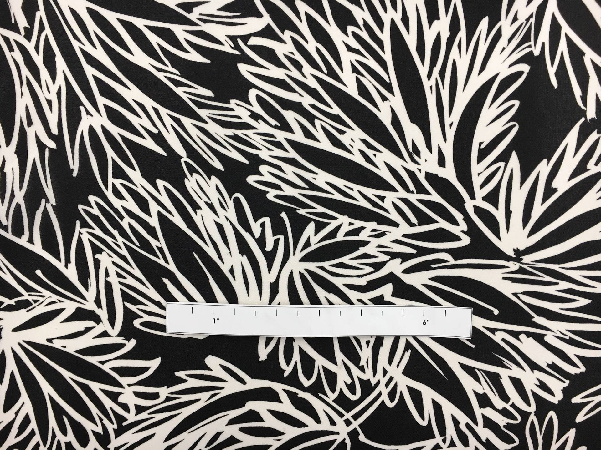 Printed Silk Gazar with Sketched Black and White Leaves1