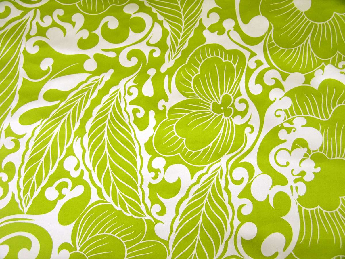 Silk Chiffon with Green Leaves Print Light Green Florals On White Background