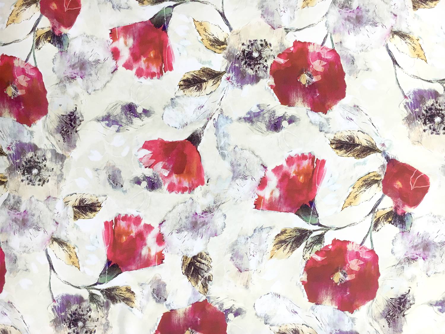 Printed Silk Crepe de Chine with Water Color Poppies0
