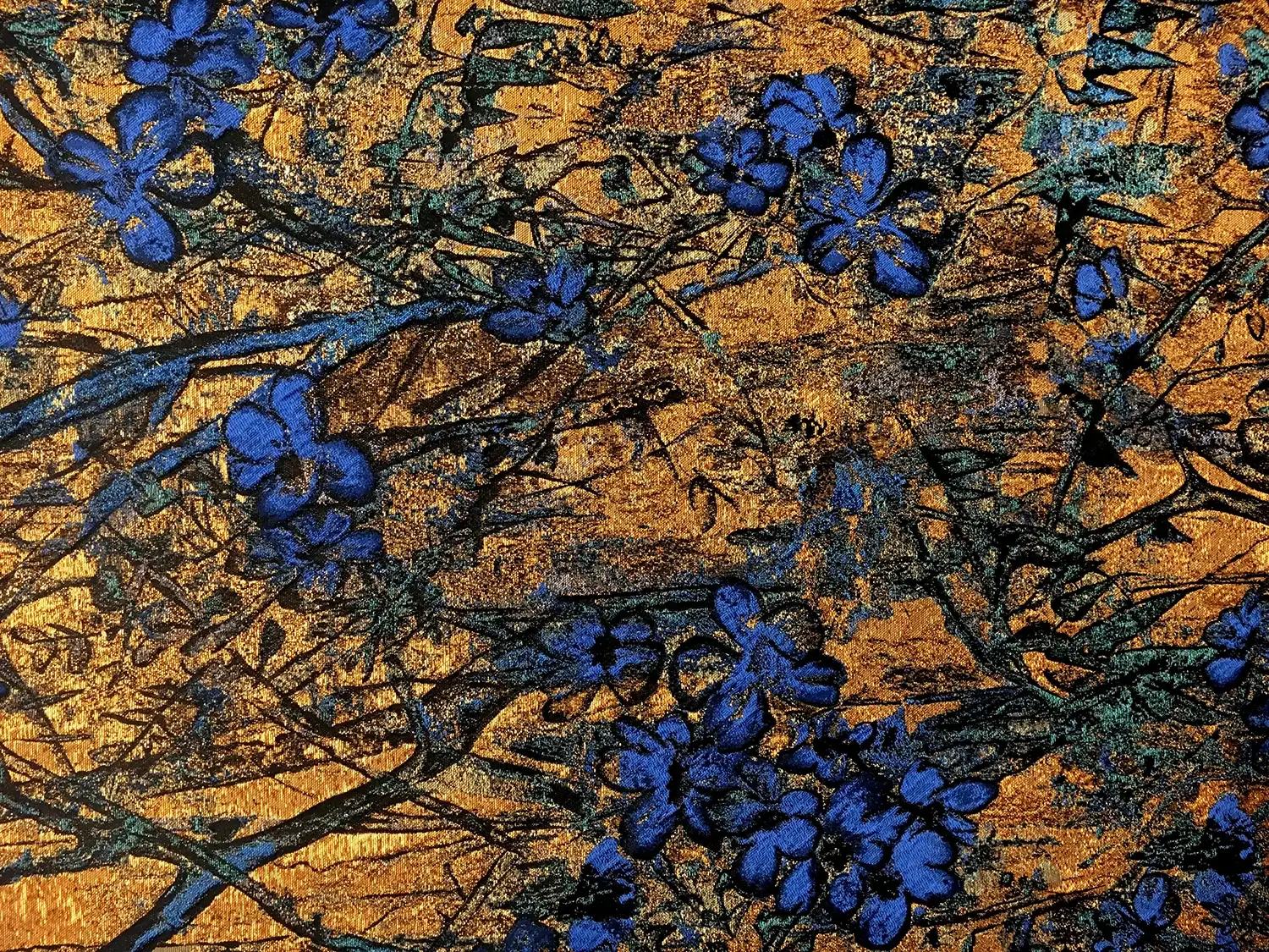 Antique Gold Floral Brocade Fabric with Blue Flowers0