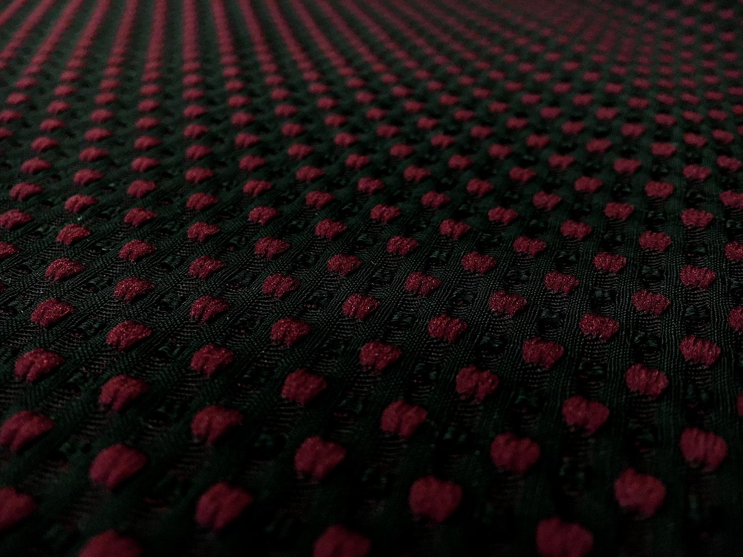 Polyester Swiss Dot Brocade with Maroon Dots