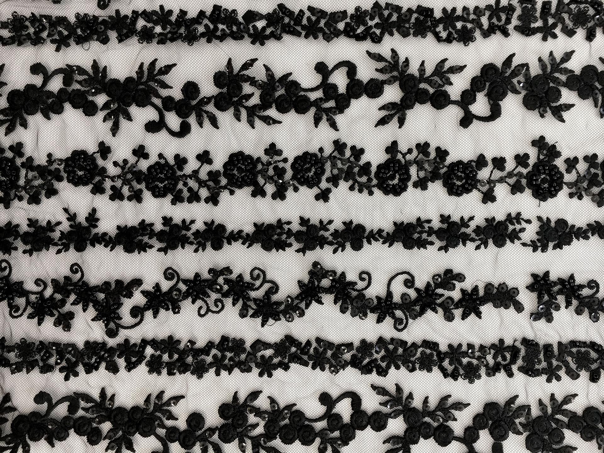 Beaded and Embroidered Tulle with Rows of Detailed Florals in Black0