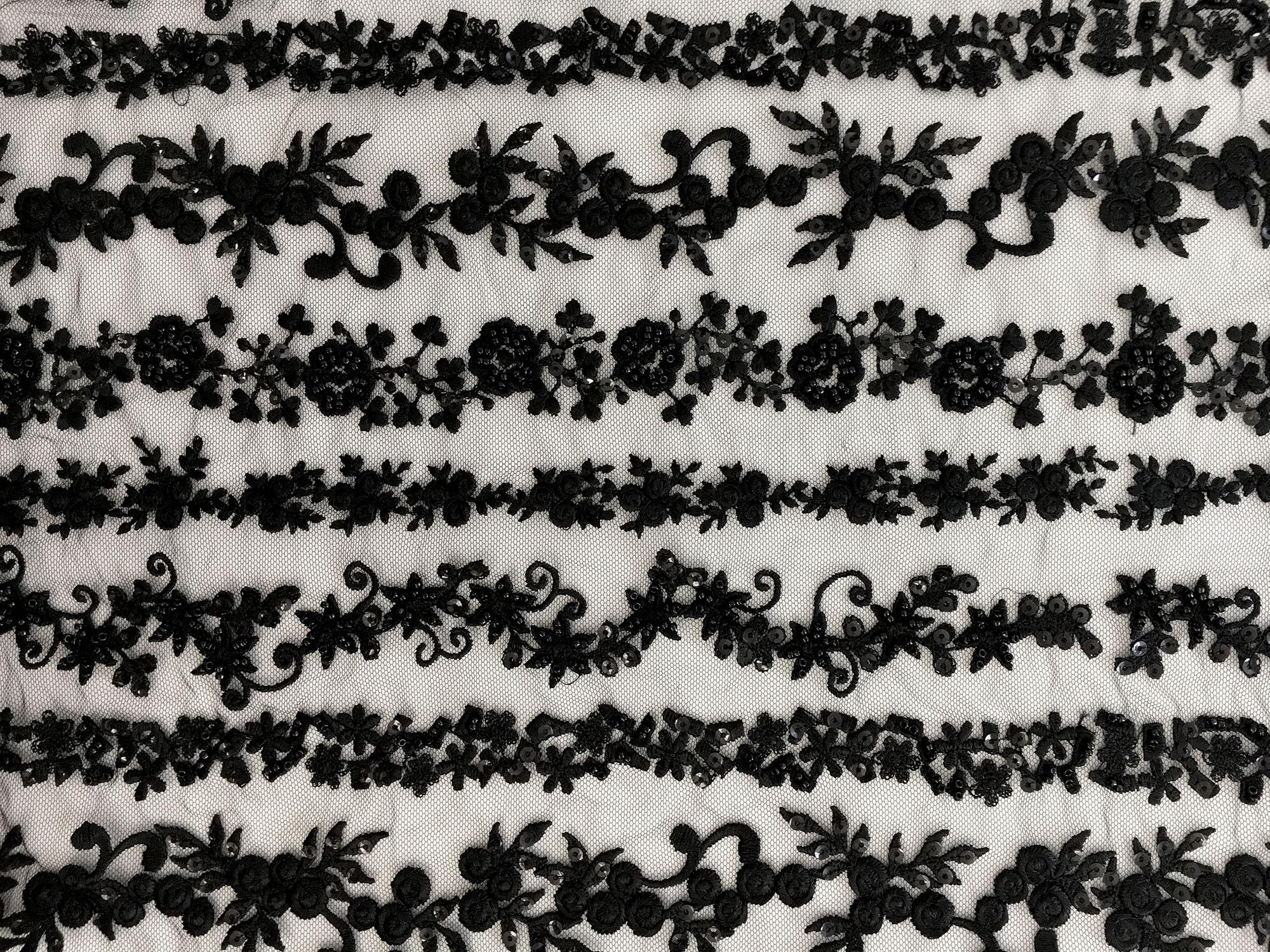 Beaded and Embroidered Tulle with Rows of Detailed Florals in Black0