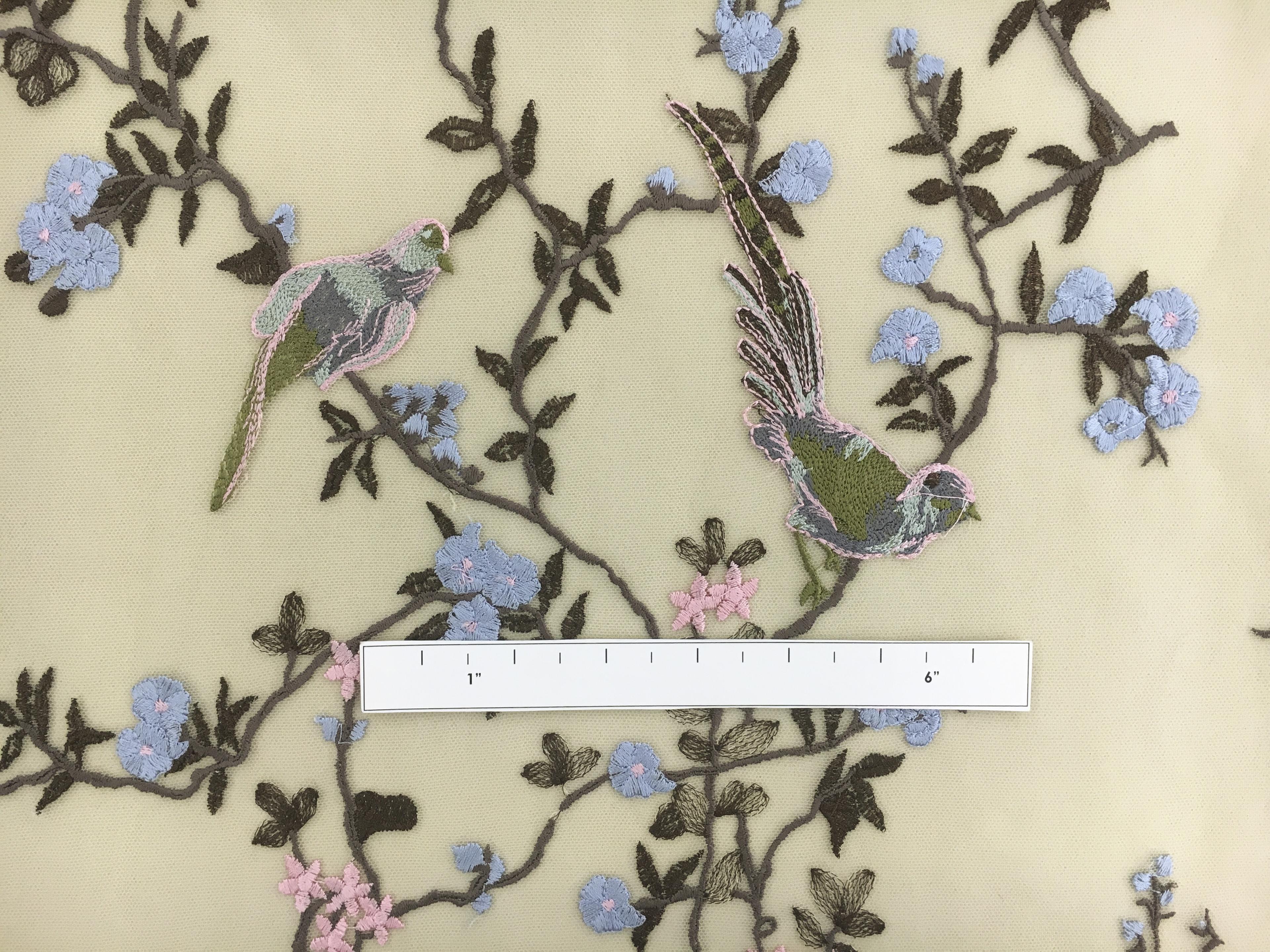 Metallic Embroidered Tulle with Metallic Embroidered with Blossoming Trees and Birds2