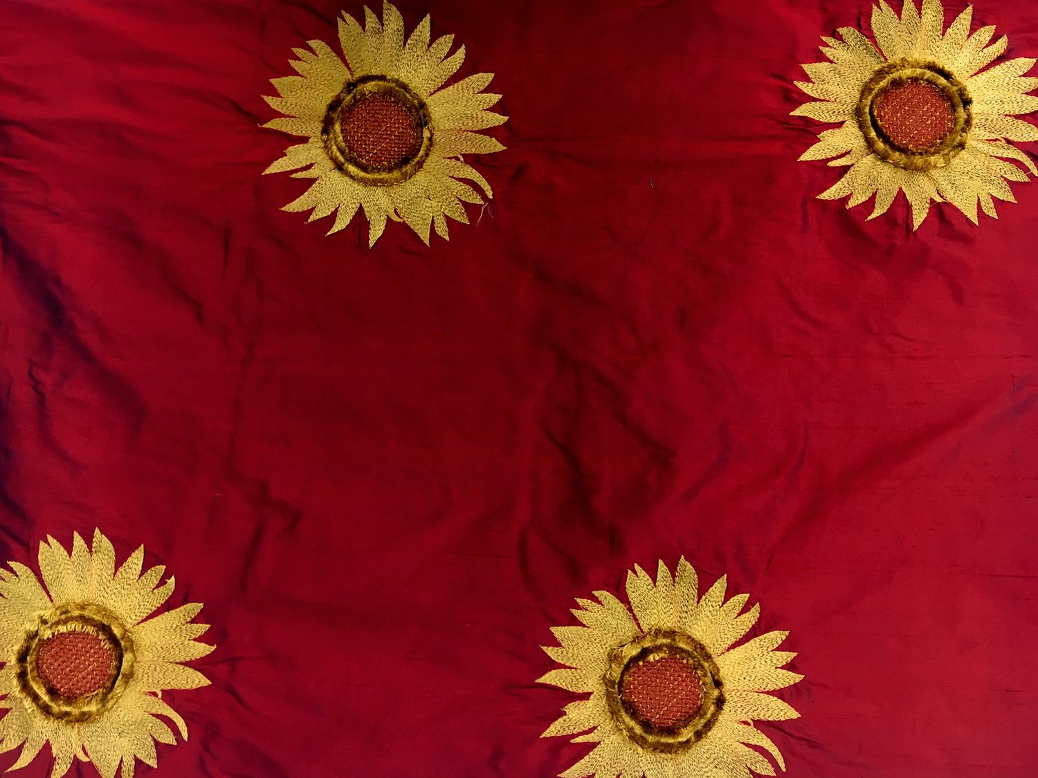 Embroidered Iridescent Silk Shantung with 3D Sunflowers0