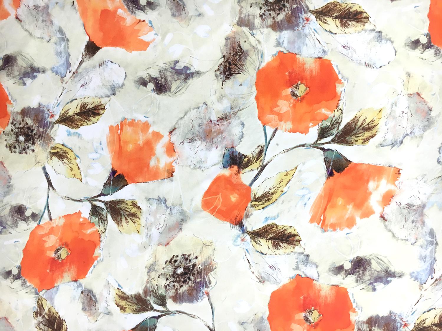 Printed Silk Crepe de Chine with Water Color Poppies0