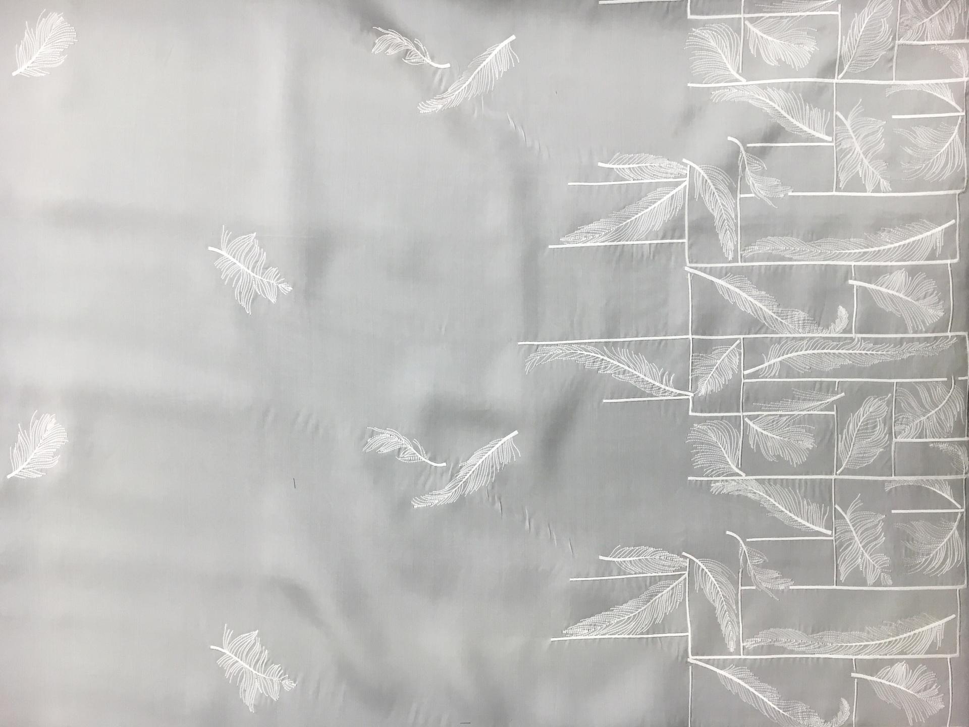 Silk Satin Organza with Embroidered Squares and Feathers0