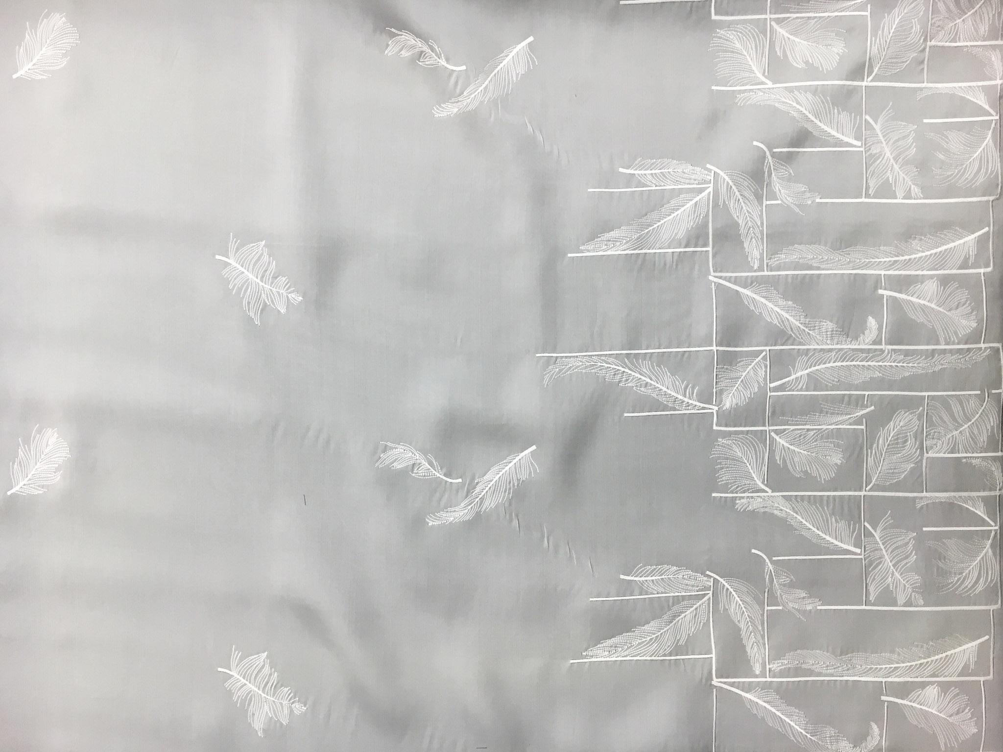 Silk Satin Organza with Embroidered Squares and Feathers0