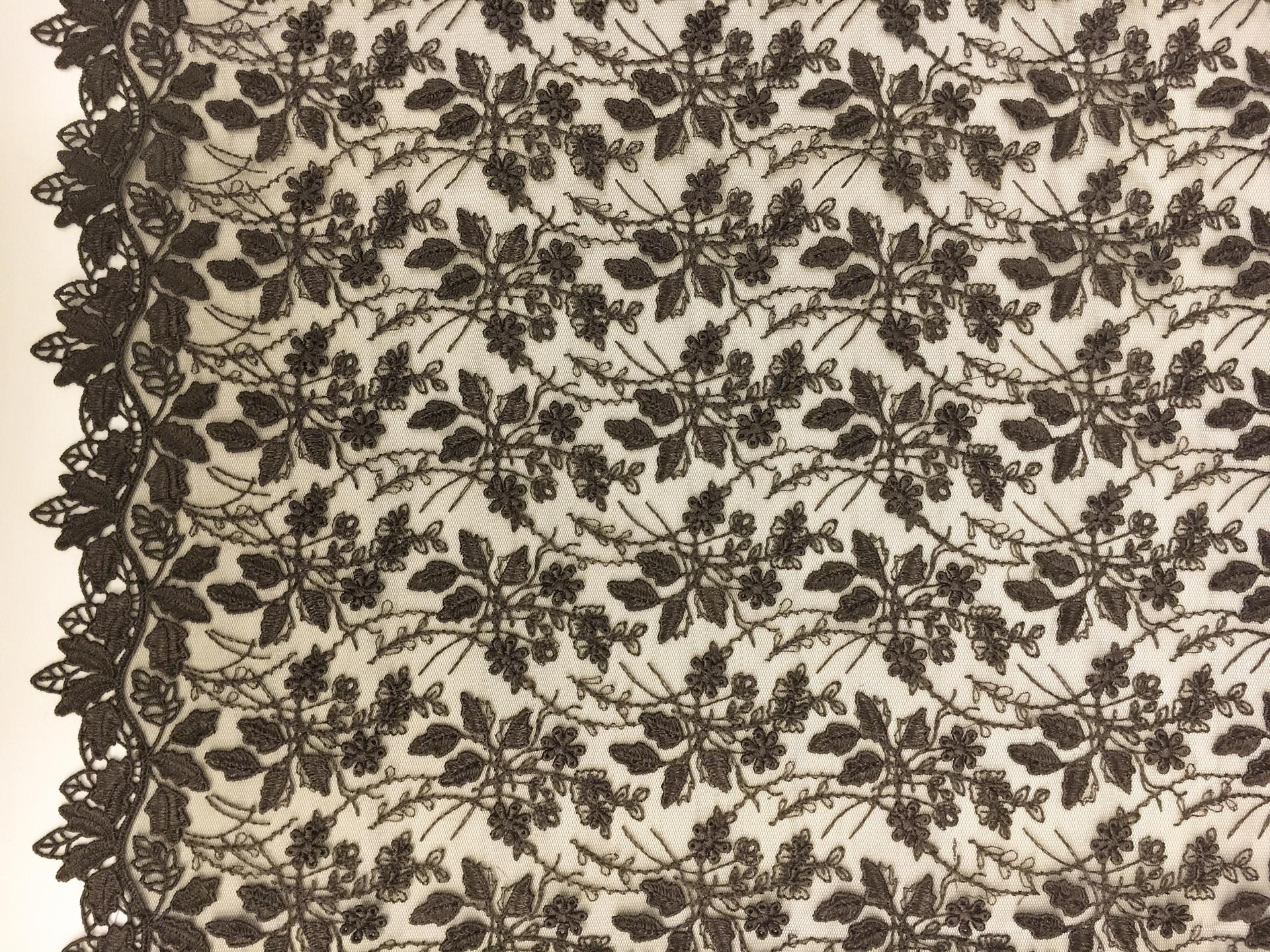 Brown Embroidered Illusion with Flowers and Leaves with Double Scallop0