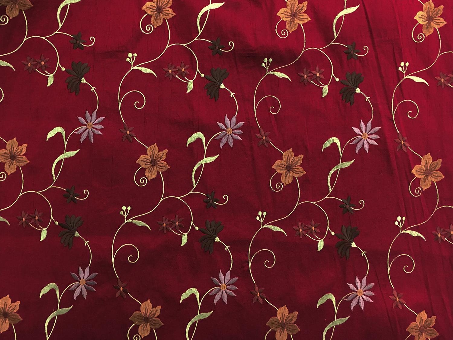 Iridescent Embroidered Silk Shantung with Flowers on Vines0