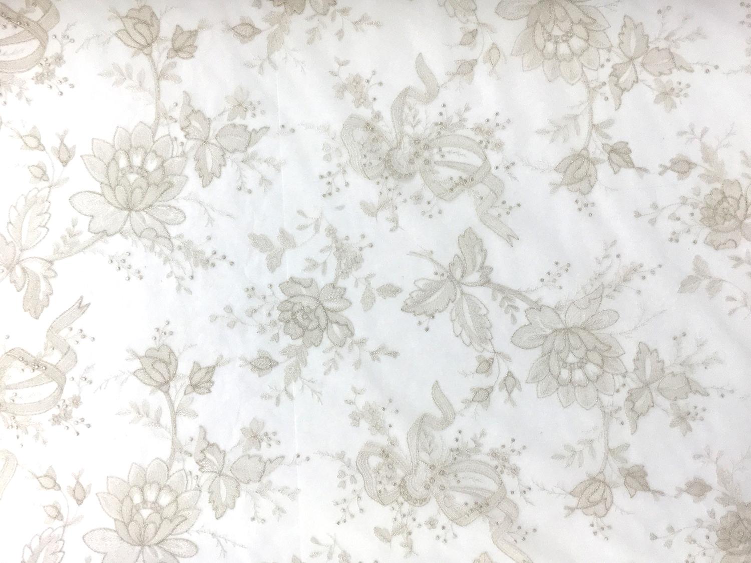 Jacob Schlaepfer Metallic Embroidered Tulle with Florals and Ribbons in Champagne0