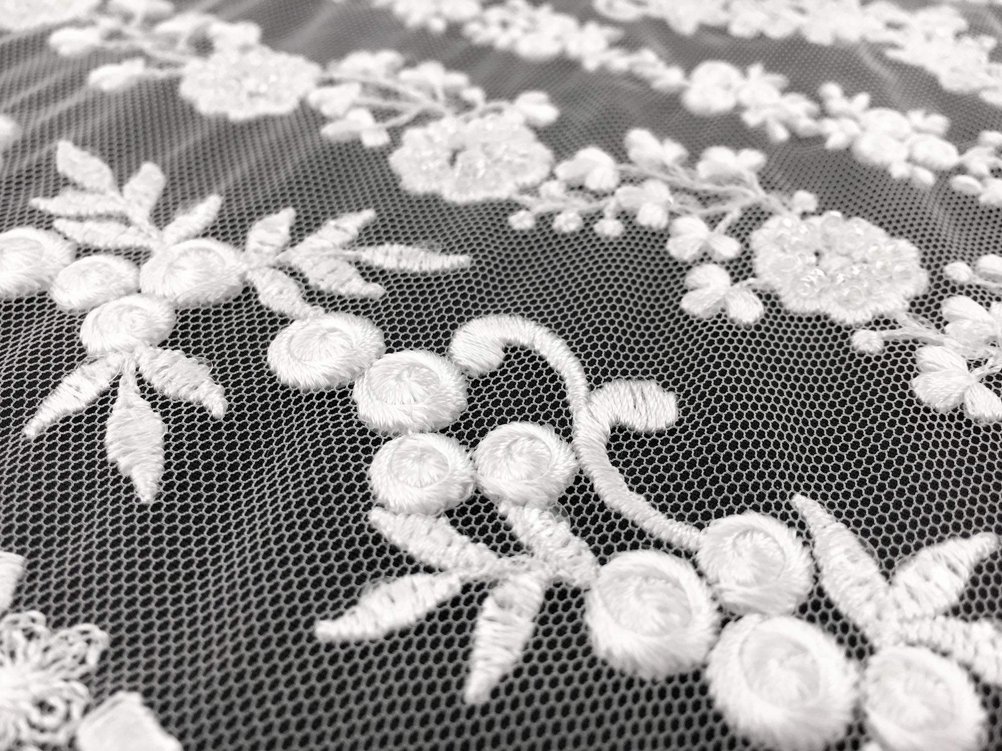 Beaded and Embroidered Tulle with Rows of Detailed Florals in White2