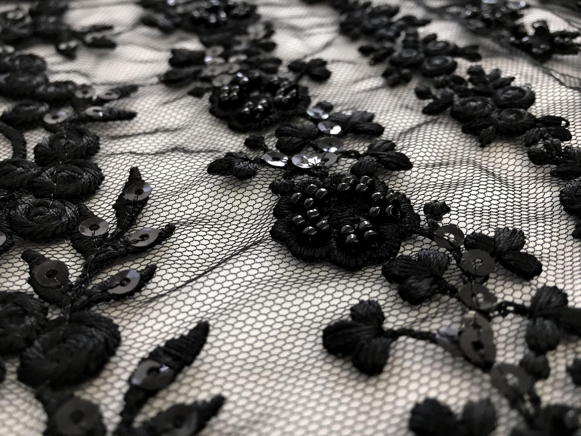 Beaded and Embroidered Tulle with Rows of Detailed Florals in Black2