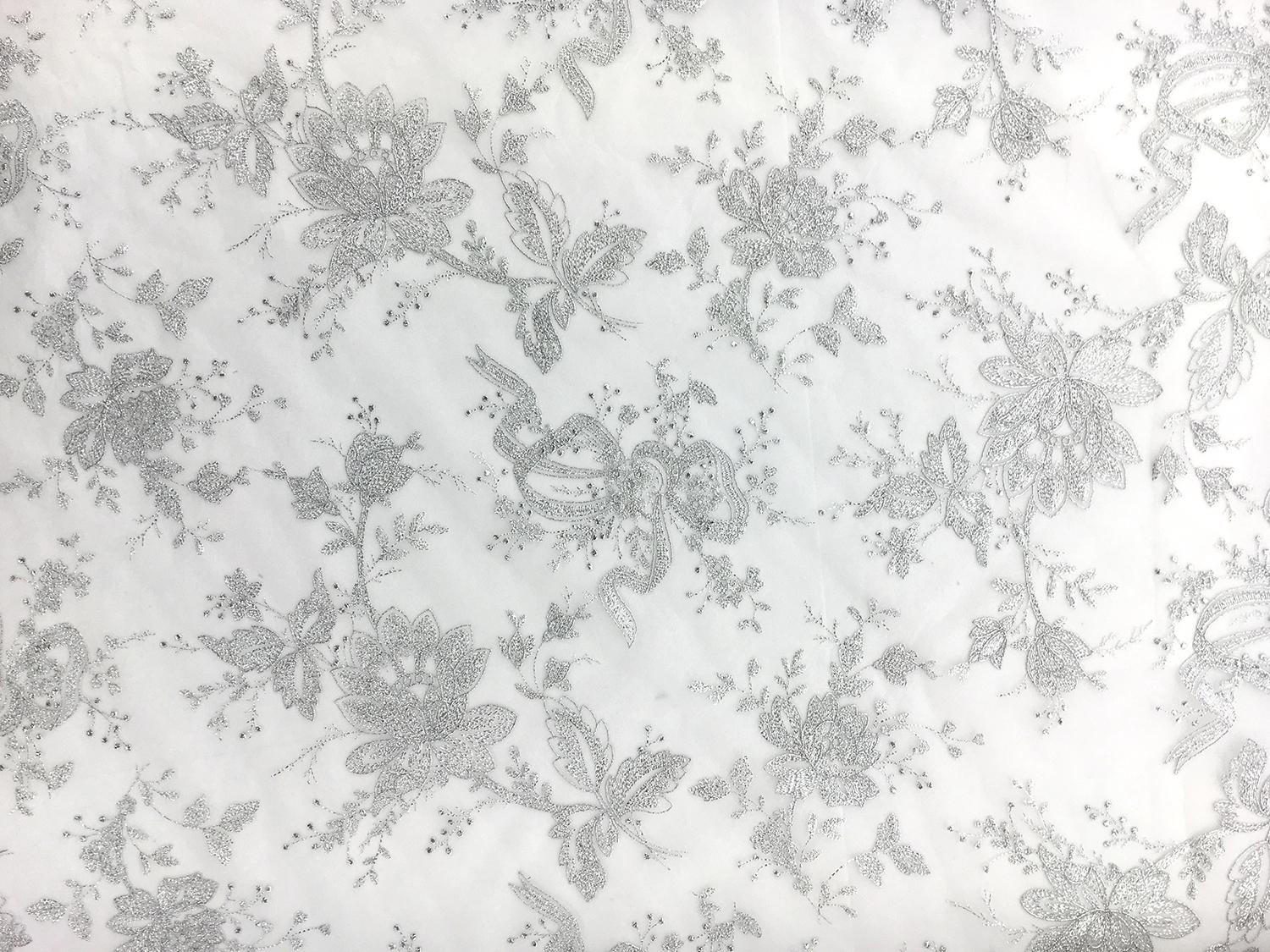 Jakob Schlaepfer Metallic Embroidered Tulle with Florals and Ribbons in Silver0