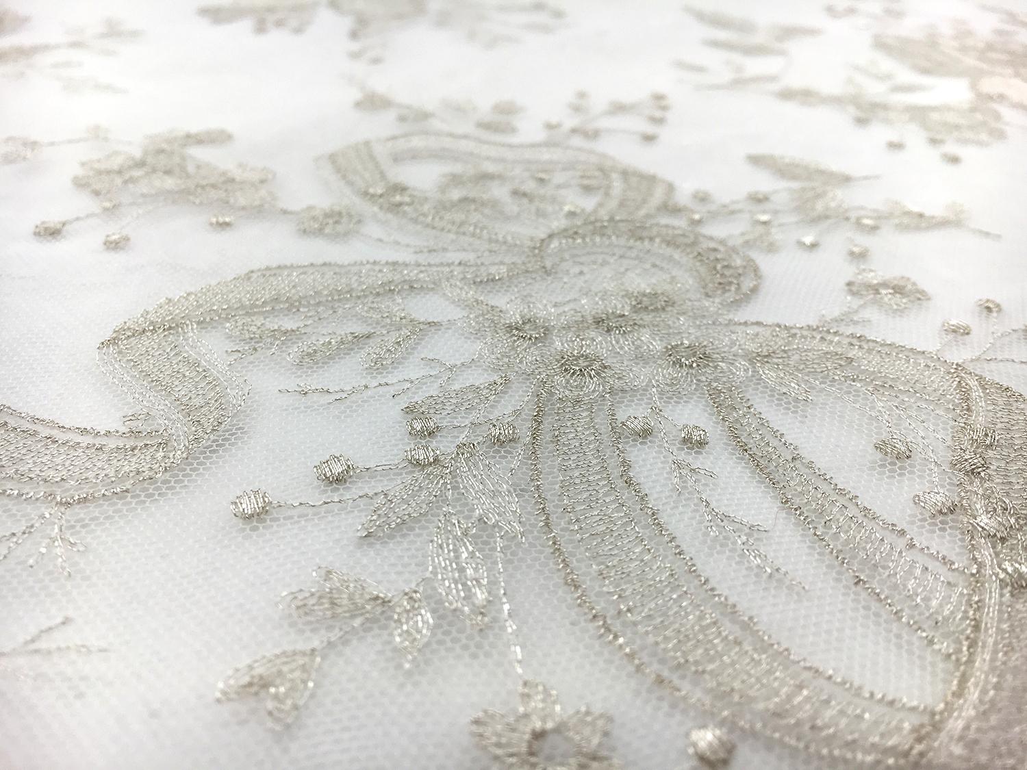 Jacob Schlaepfer Metallic Embroidered Tulle with Florals and Ribbons in Champagne2