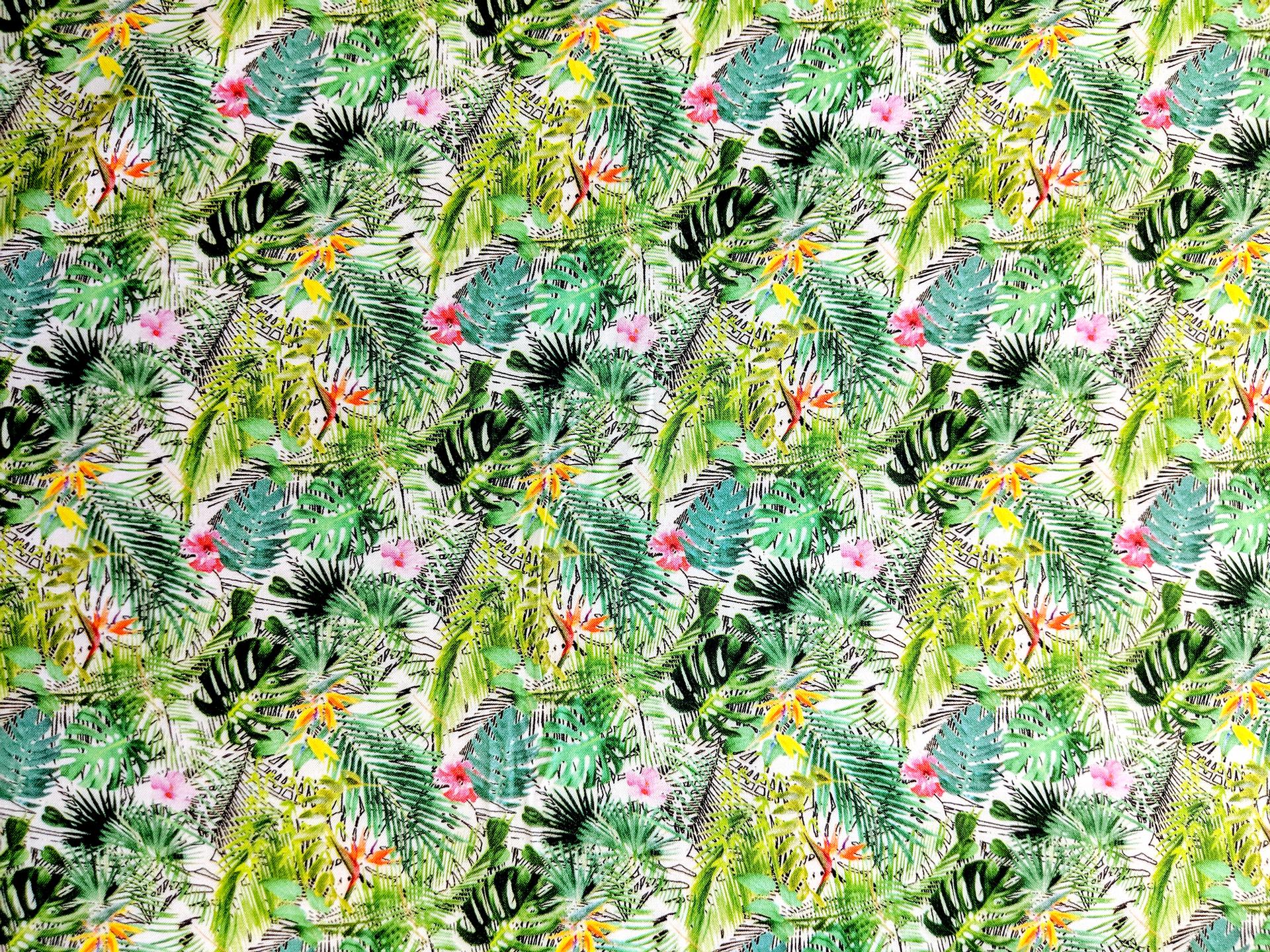 Viscose Print with Tropical Plants and Birds of Paradise