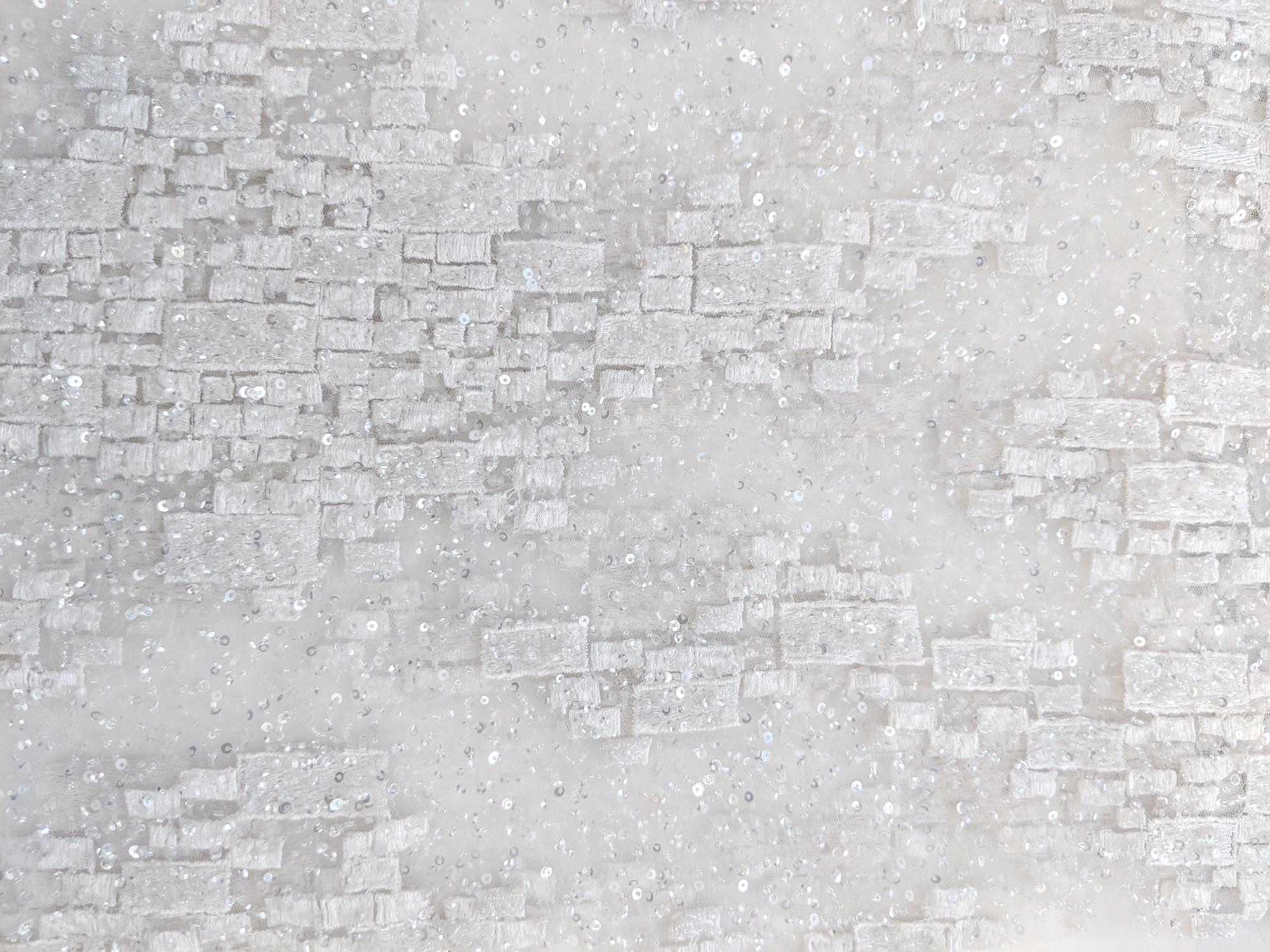 Beaded Tulle with Embroidered Squares in White