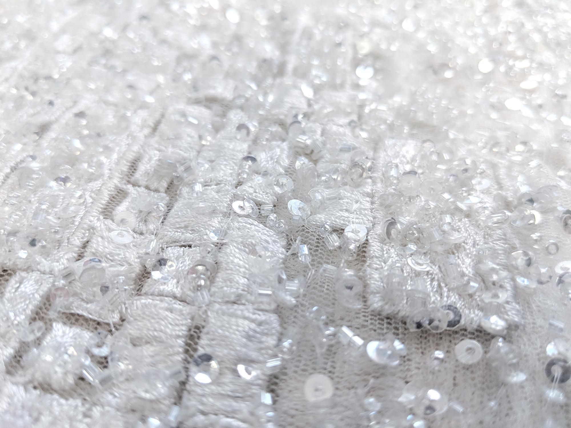 Beaded Tulle with Embroidered Squares in White