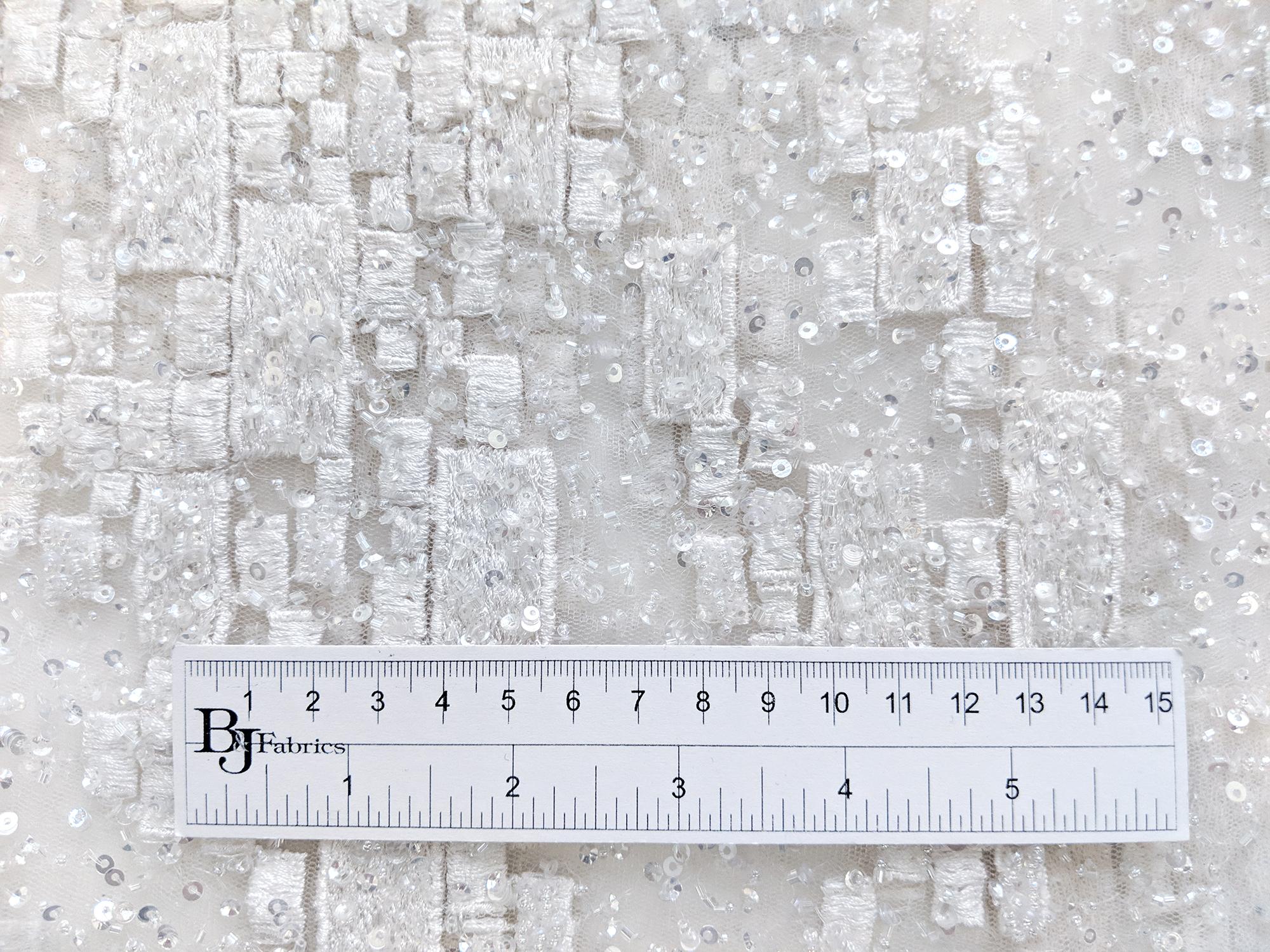Beaded Tulle with Embroidered Squares in White